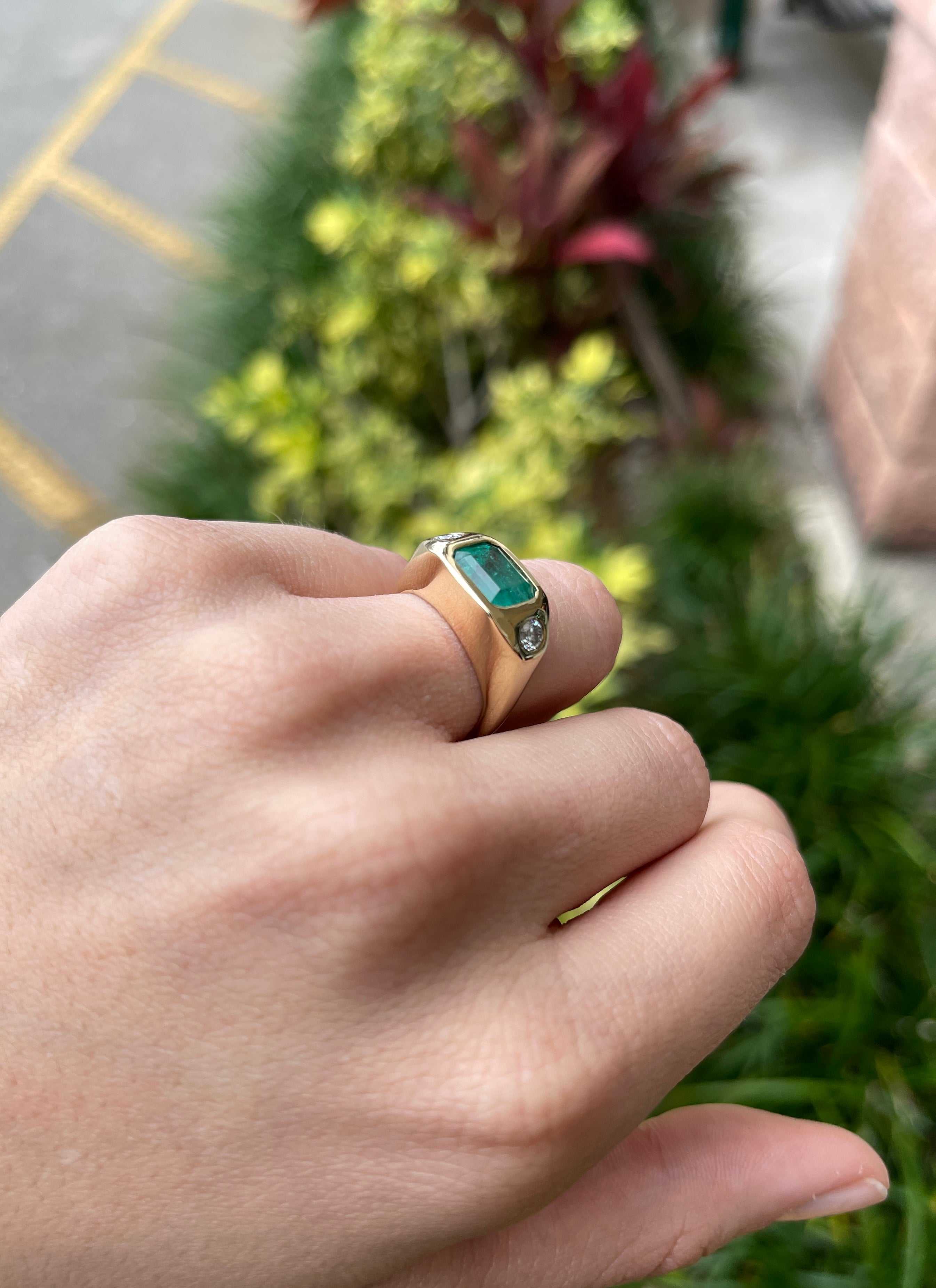 3.45tcw Genuine Emerald Cut & Round Diamond Bezel Gypsy Ring in 14K Gold - Perfect for Engagement, Wedding & Anniversary Gifts
