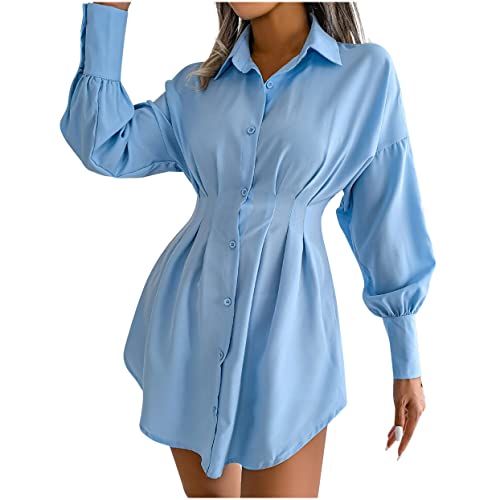 Women's Casual Long Sleeve Button Down Mini Dress - Solid Color Ruched Lantern Sleeve Collared Shirt Dress for Autumn | Perfect for Office, Date Night & Fall Outfits