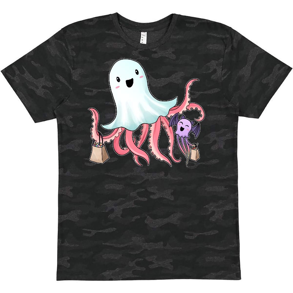 Inktastic Cute Ghost Octopus Trick or Treating with Bat Graphic T-Shirt - Fun Halloween Costume & Casual Wear for Kids & Adults