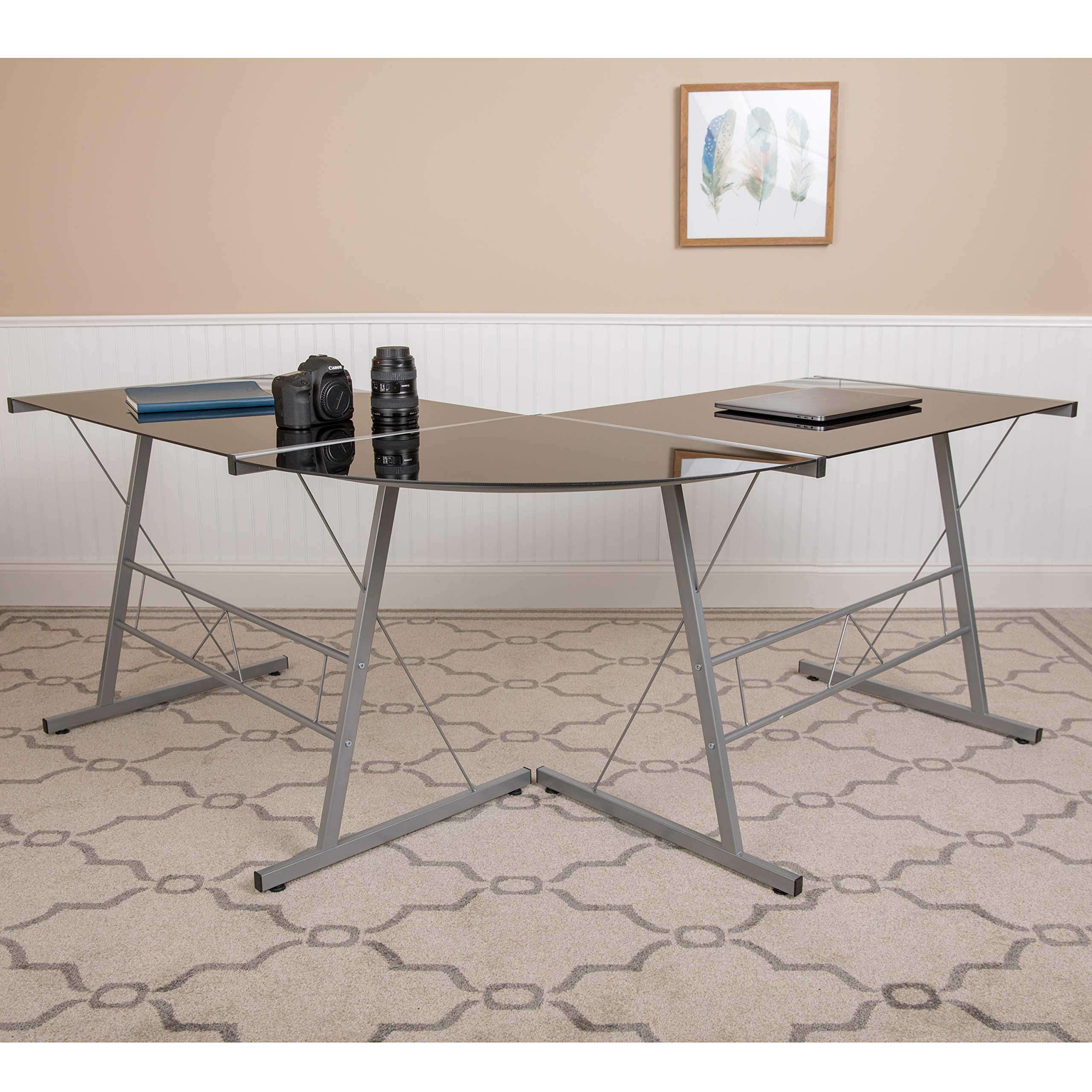 EMMA + OLIVER Black L-Shaped Corner Glass Computer Desk for Gaming & Home Office - Perfect for Small Spaces, Workstations & Modern Home Decor