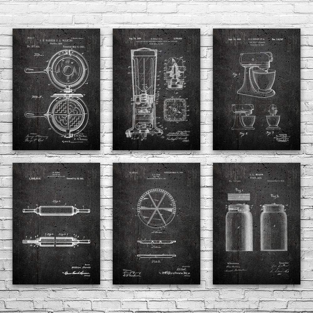 6-Piece Kitchen Patent Poster Set - Unique Food Lover Gift, Modern Kitchen Decor & Cooking Enthusiast Present - 24x36 Inch Dark Concrete Wall Art for Chefs & Culinary Professionals - Perfect for Home Kitchens, Restaurants & Culinary Schools