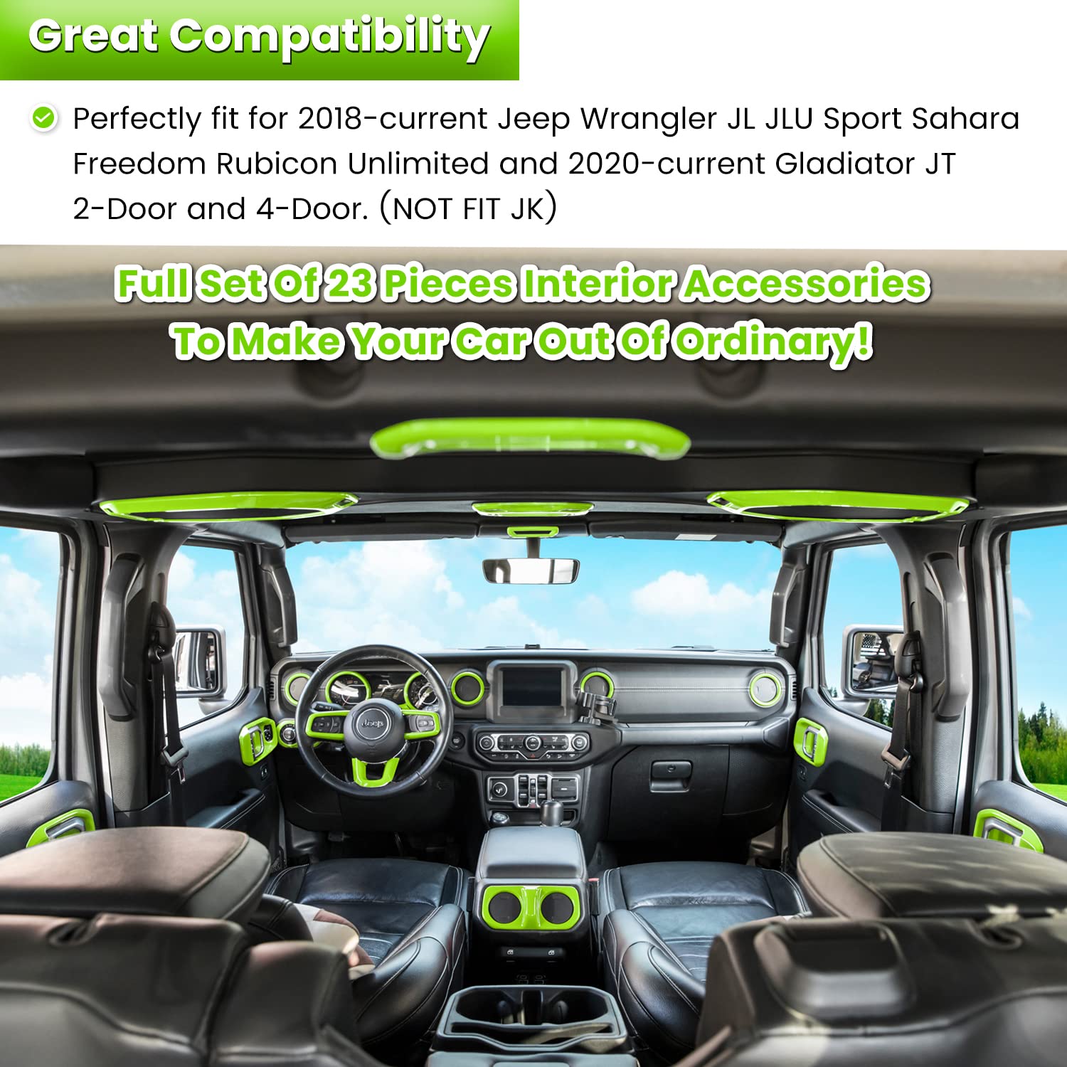 23PCS Full Interior Trim Kit for Jeep Wrangler JL JLU & Gladiator JT (2018-2023) - Steering Wheel, Door Handles, AC Vents, Cup Holders, Reading Light & Gear Cover in Green | Premium Car Accessories for Enhanced Style & Protection