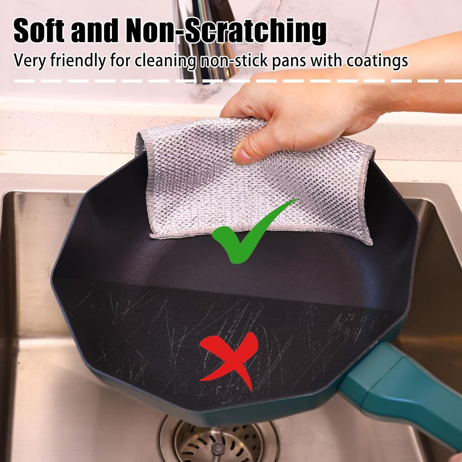Feelon Non-Scratch Wire Dishcloth & Gap Cleaning Brush - Double-Layer Reusable Dishwashing Pads for Wet & Dry Cleaning - Easy Rinse Kitchen Scrubber for Sinks, Pots, Pans (5 Pack) - Perfect for Tough Grease, Stubborn Stains & Hard-to-Reach Areas