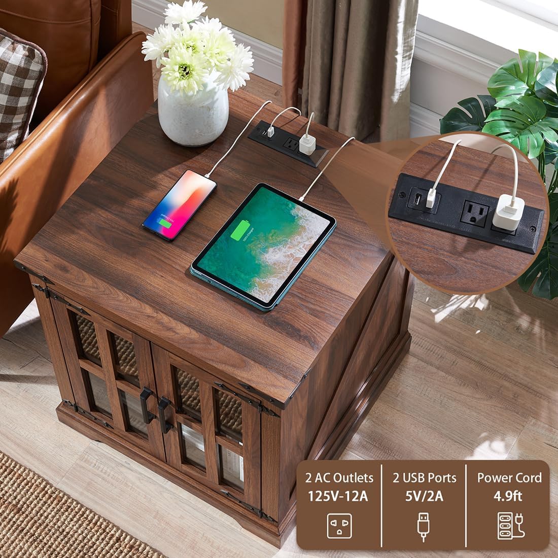 Farmhouse End Table with USB Charging Station - 24