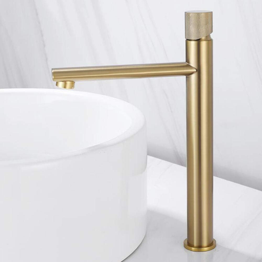 Tall Brushed Gold Brass Basin Mixer Tap - Single Hole Above Counter Bathroom Sink Faucet with Hot & Cold Water - Perfect for Modern Vanities and Luxury Bathroom Renovations