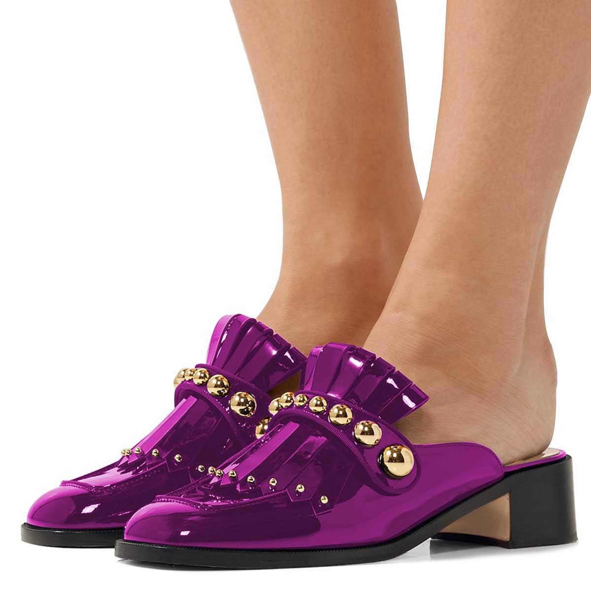 XYD Women's Fashion Square Toe Mules - Low Chunky Heel Slip-On Sandals with Studs & Tassels for Casual Wear, Office, and Summer Outfits