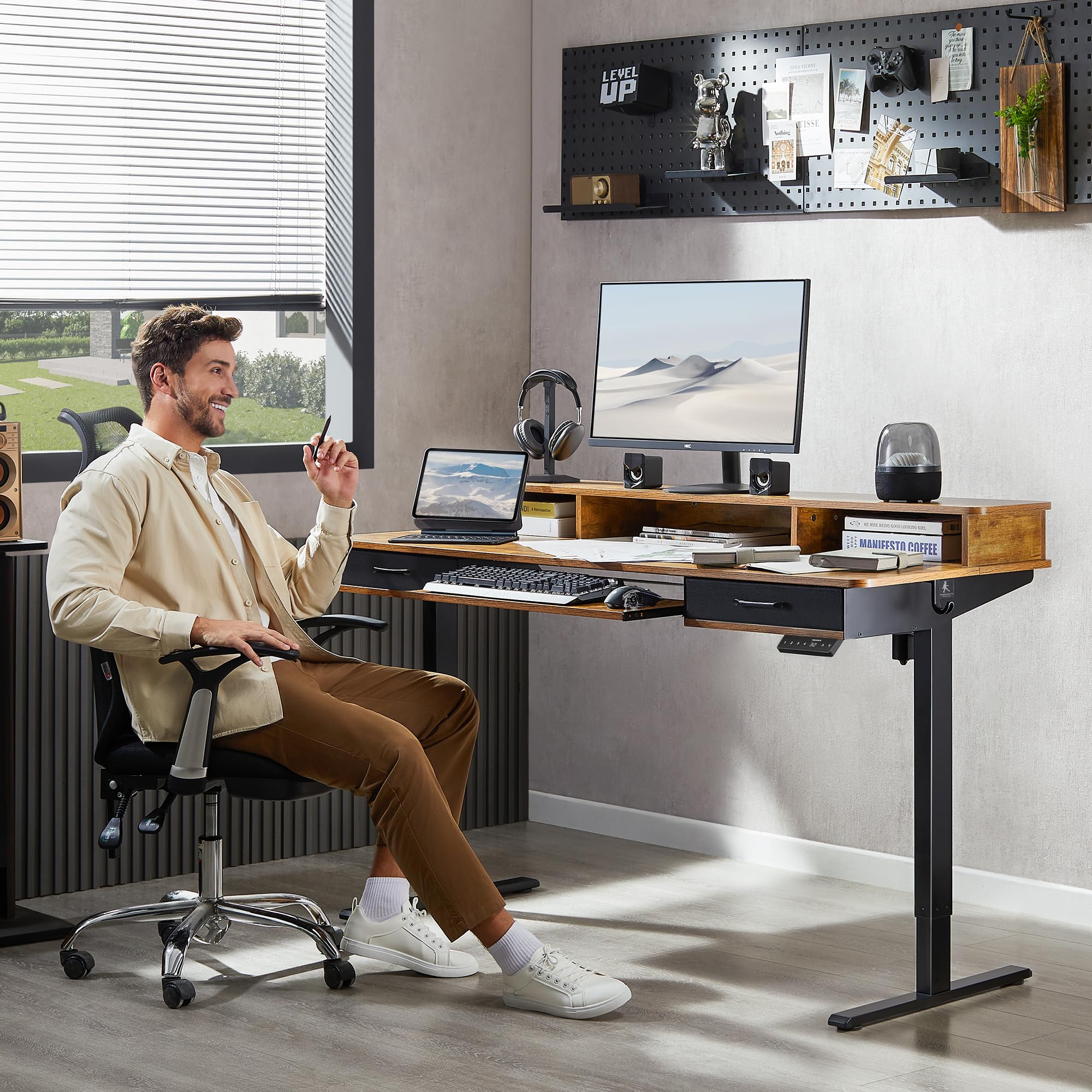 55x24 Inches Electric Height Adjustable Standing Desk with Keyboard Tray & 2 Drawers - Ergonomic Sit to Stand Computer Table with Storage Monitor Stand in Rustic Brown - Perfect for Home Office, Gaming Setup & Workspace Organization