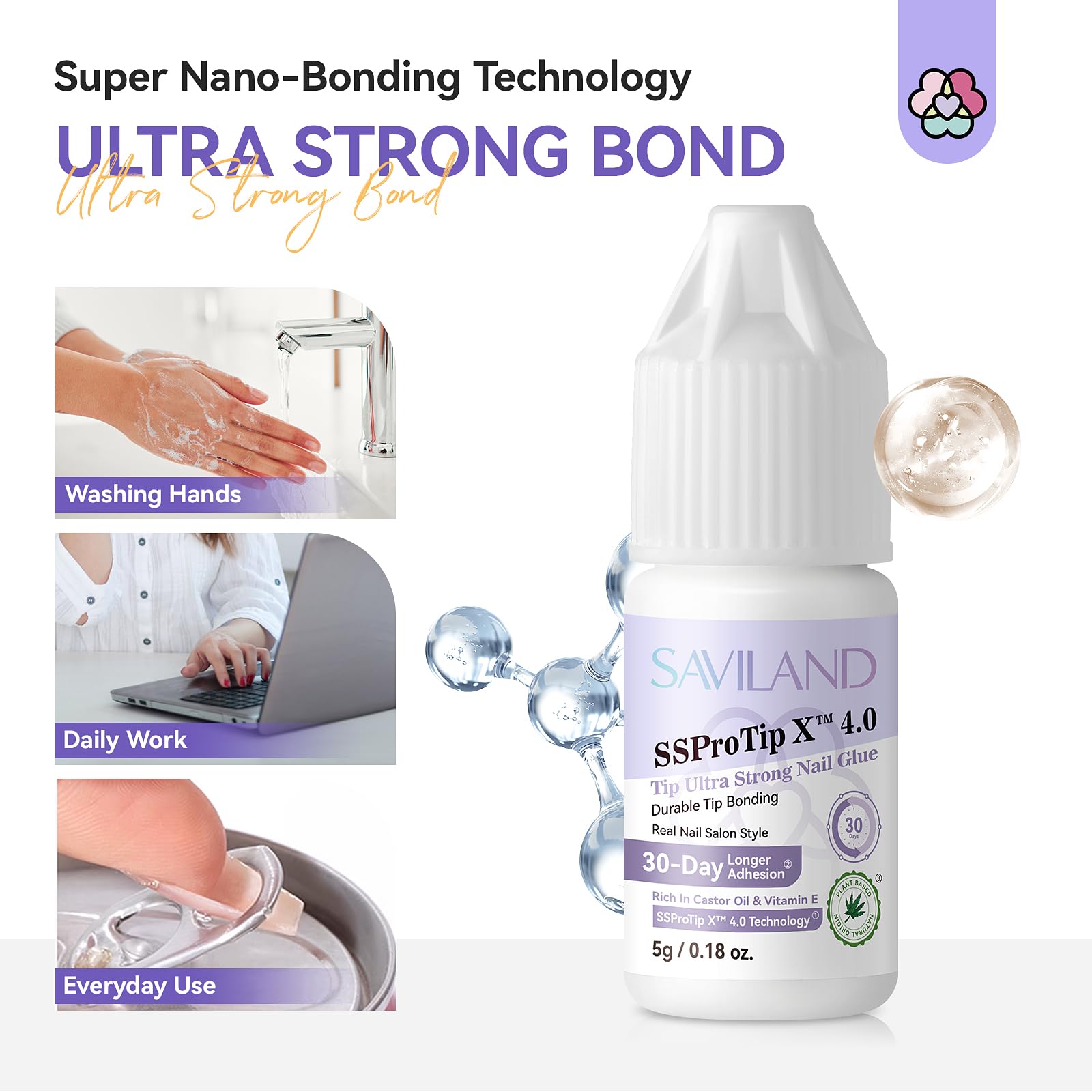SAVILAND Strong Nail Glue for Press On & Acrylic Nails - Long Lasting Hold