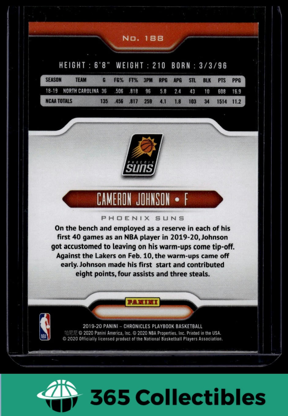 2019-20 Panini Chronicles Cameron Johnson Rookie Card #188 Phoenix Suns NBA Basketball Trading Card - Perfect for Collectors, Fans, and Sports Memorabilia Enthusiasts
