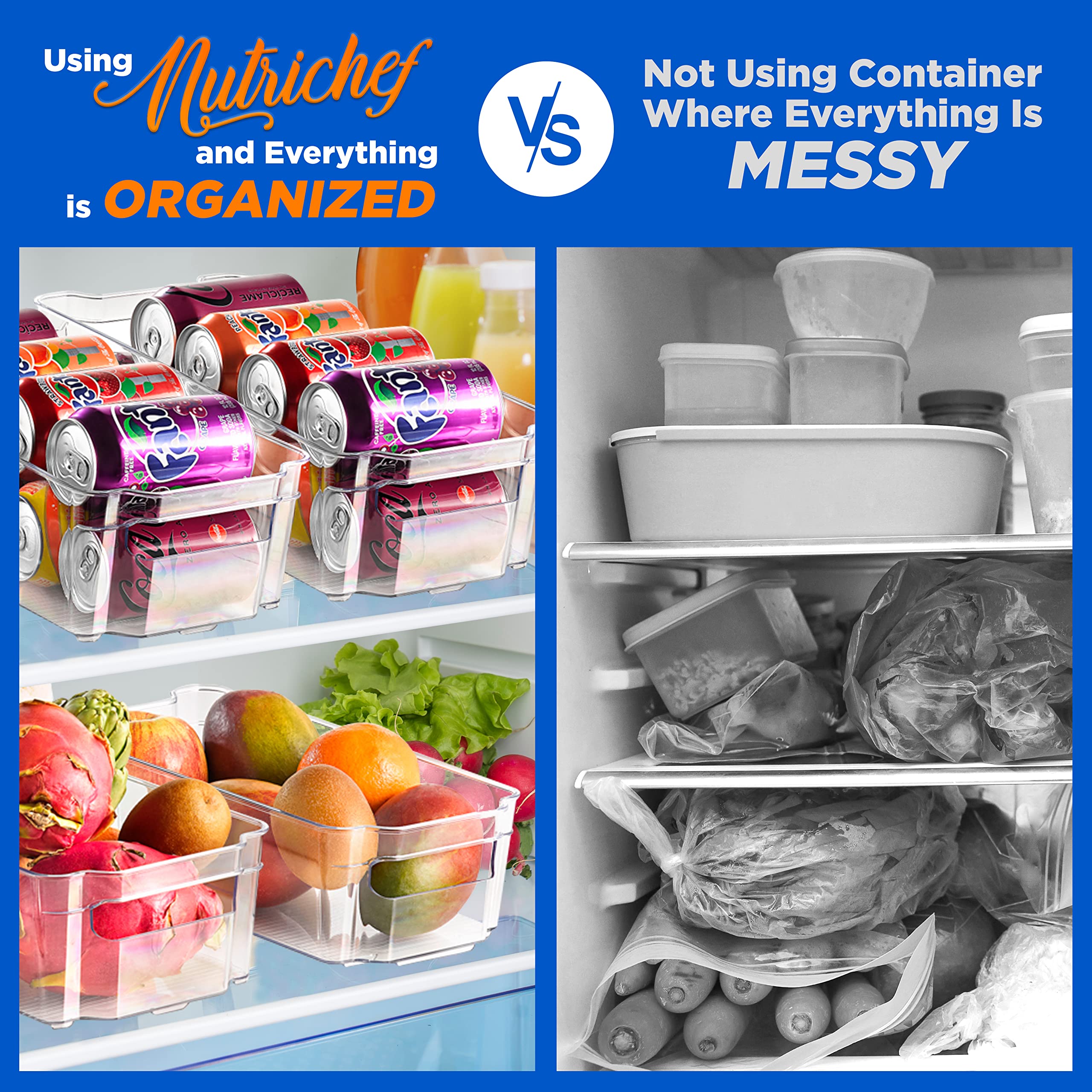 NutriChef 6-Piece Clear Refrigerator Organizer Set - BPA Free Fridge Bins & Egg Holder for Kitchen, Freezer, Pantry & Countertop Storage | Perfect for Organizing Fruits, Vegetables, Dairy & Leftovers