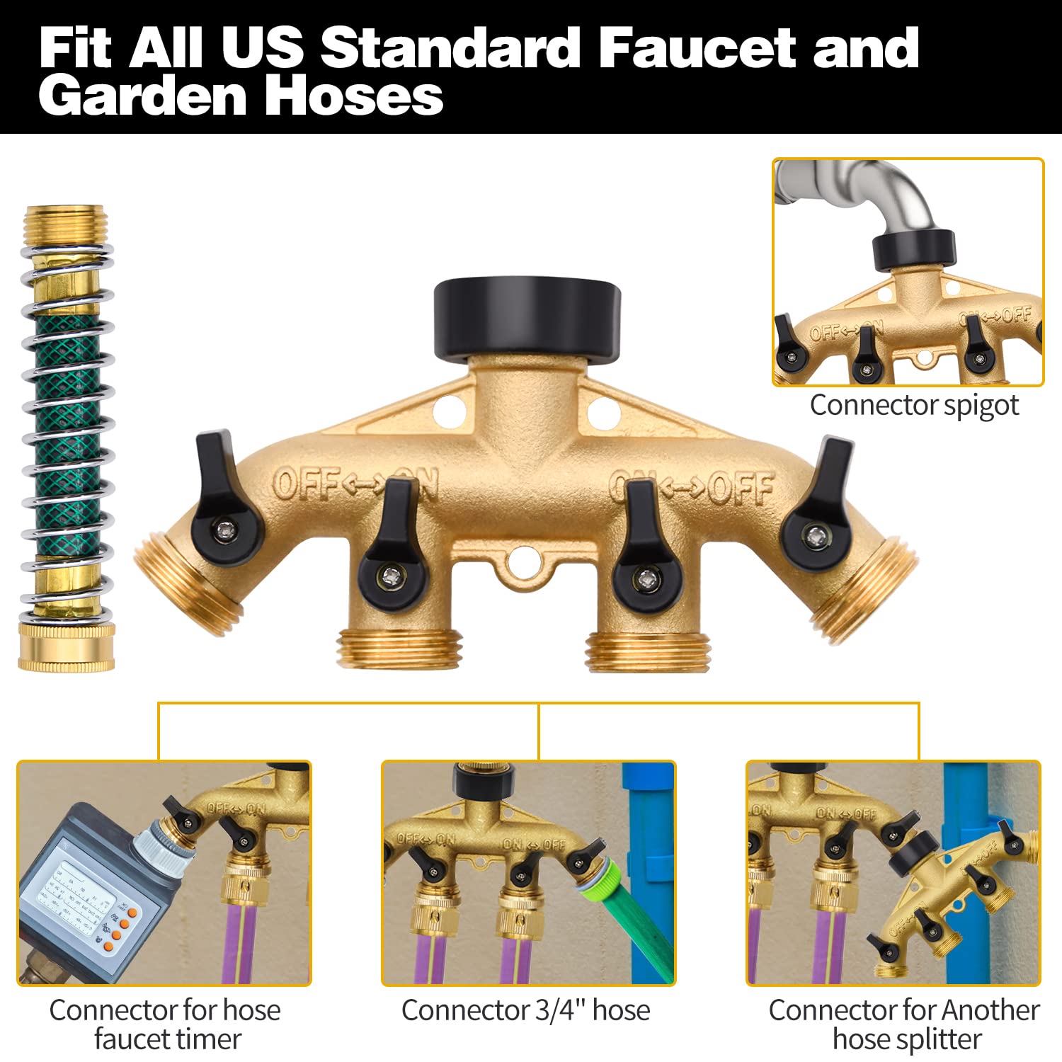 4-Way Garden Hose Splitter with Valves - Brass Spigot Adapter for Outdoor Watering
