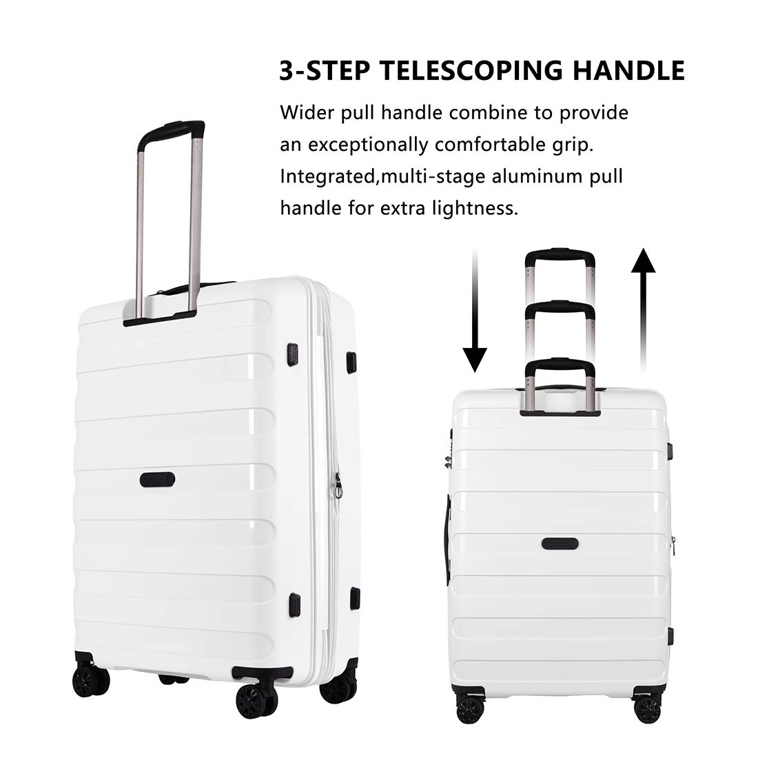 Expandable 3-Piece PP Luggage Set with Spinner Wheels & TSA Lock - 20/24/28 Inch Suitcases for Family Travel (White) - Perfect for Airplane Carry-On, Vacation Trips & Business Travel