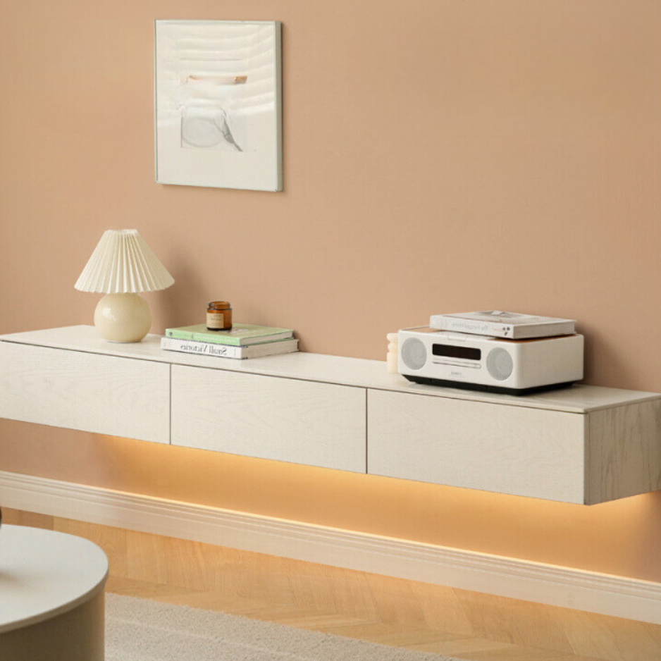White Cream Oak Solid Wood Floating TV Stand - Modern Suspension TV Cabinet for Living Room, Bedroom & Home Theater Setup
