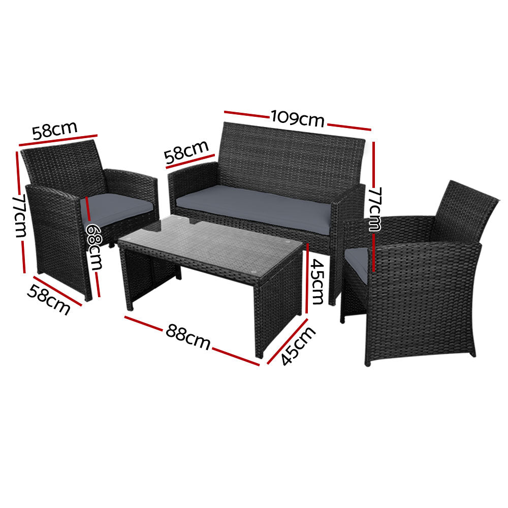 4-Piece Outdoor Rattan Sofa Set with Storage Cover - Patio Furniture in Black for Garden, Backyard, and Poolside Relaxation