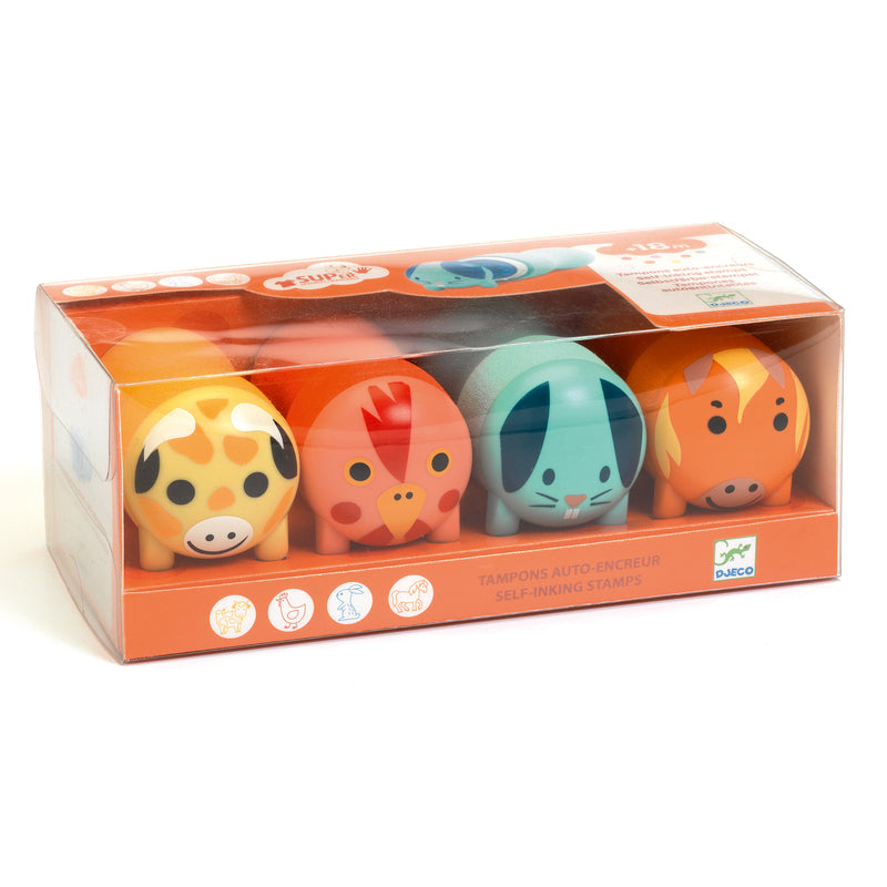 Djeco Toddler Farm Animal Stamps 4 Pack - Wooden Animal Stampers for Kids Arts & Crafts, Early Learning Educational Toys - Perfect for Preschool Classroom, Birthday Gifts & DIY Projects