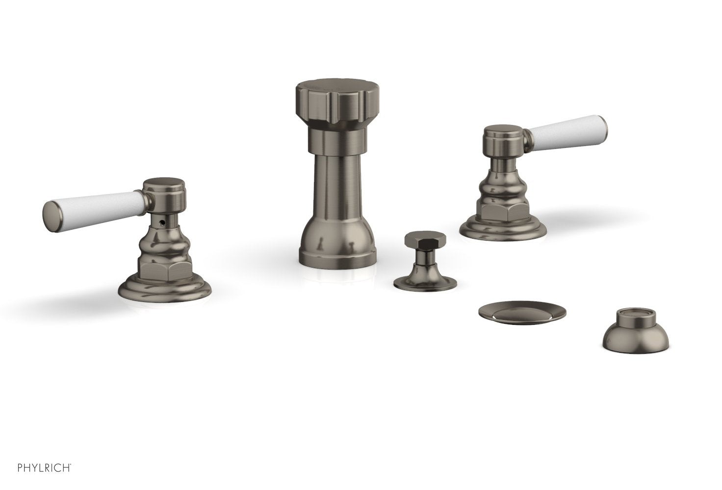 HEX TRADITIONAL Four Hole Bidet Faucet Set with Satin White Lever Handles - Model 500 61 - Perfect for Bathroom Renovation and Modern Toilet Upgrades