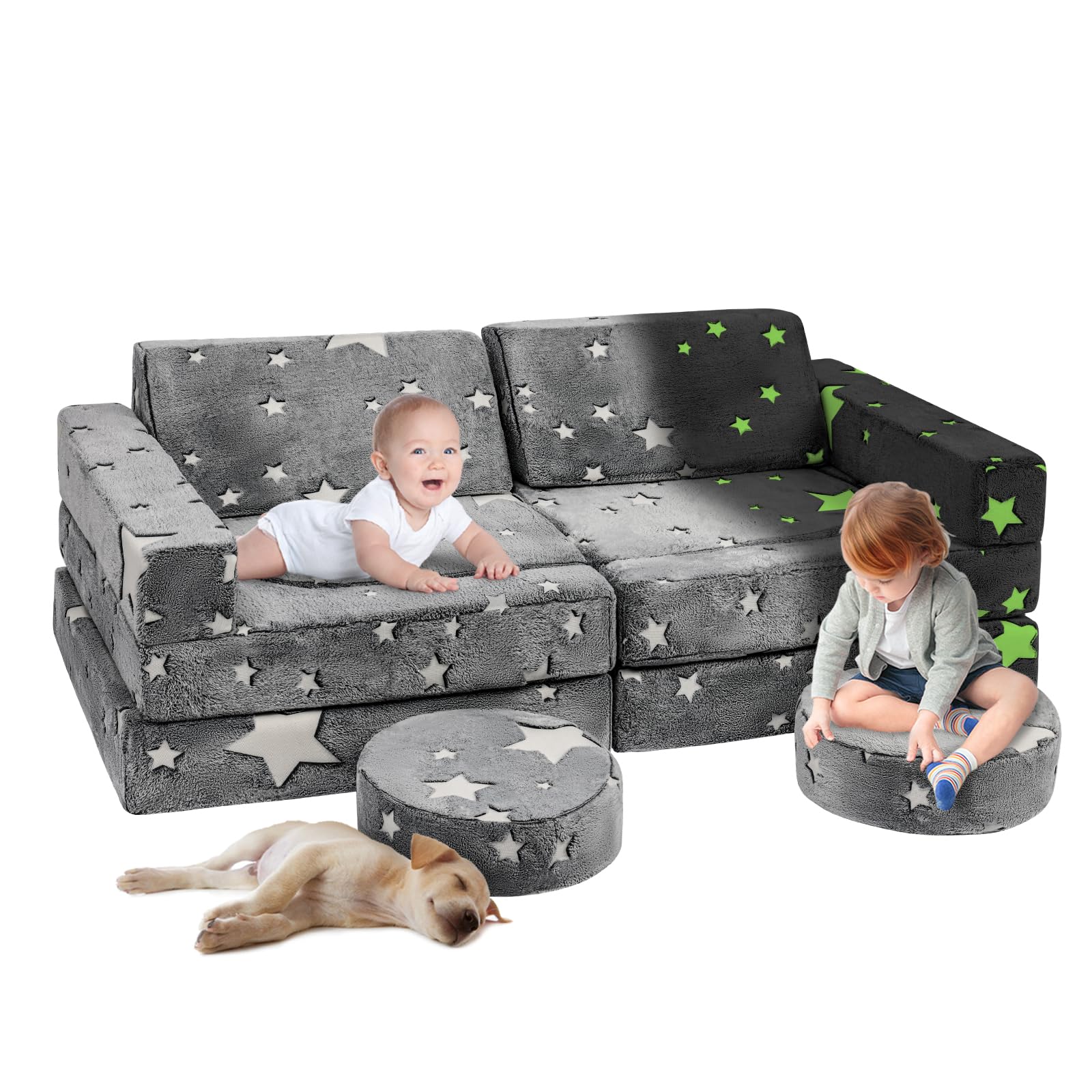 12-Piece Modular Kids Play Couch - Large Glow-in-the-Dark Sofa for Toddlers Boys & Girls - 12-in-1 Creative Play Furniture for Playroom, Bedroom & Indoor Activities - Perfect for Building Forts, Reading Nooks & Imaginative Play