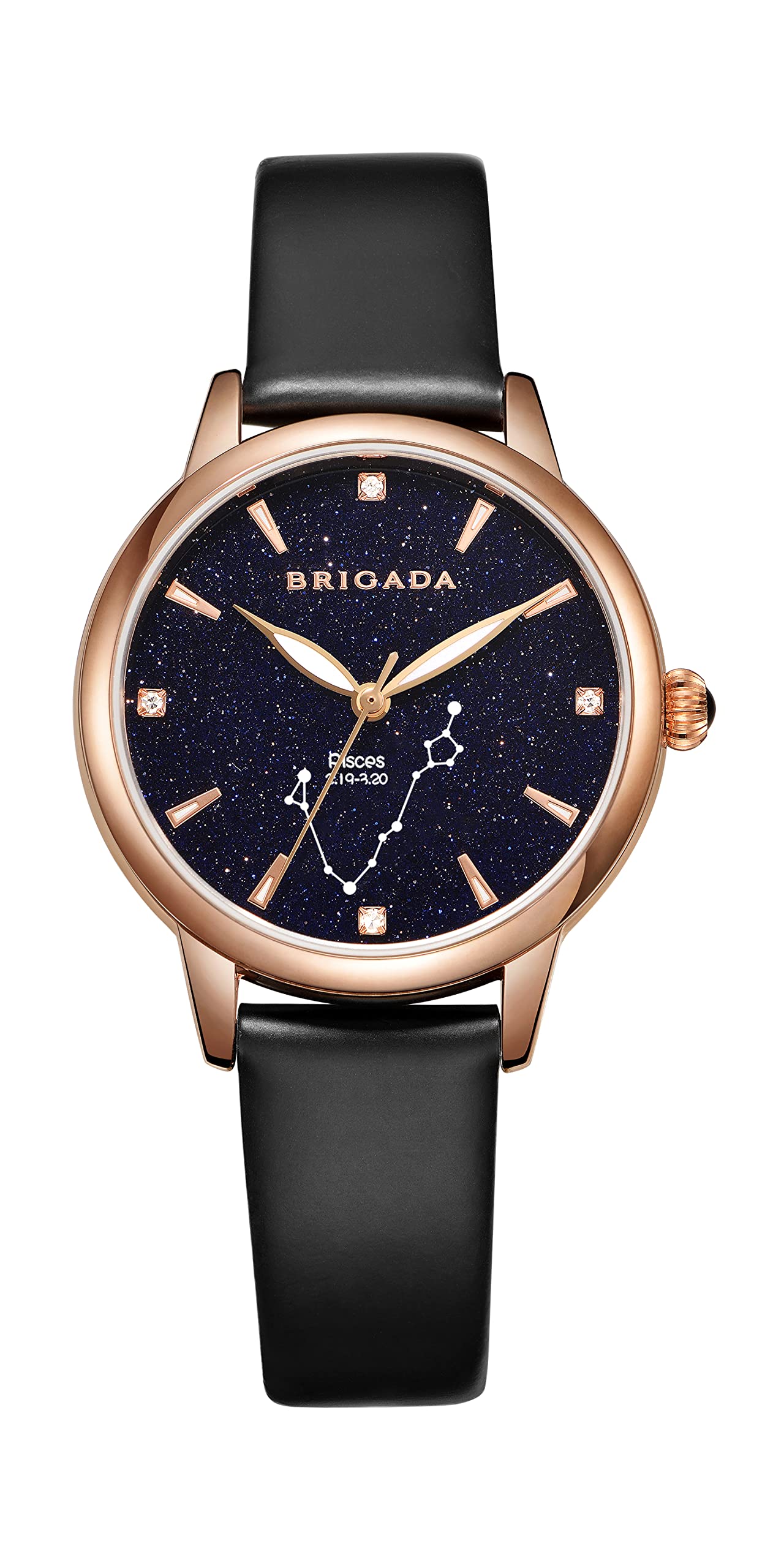 BRIGADA Women's Luminous Crystal Constellation Watch with Black Leather Band - Waterproof Ladies Wristwatch for Everyday Wear, Office & Special Occasions