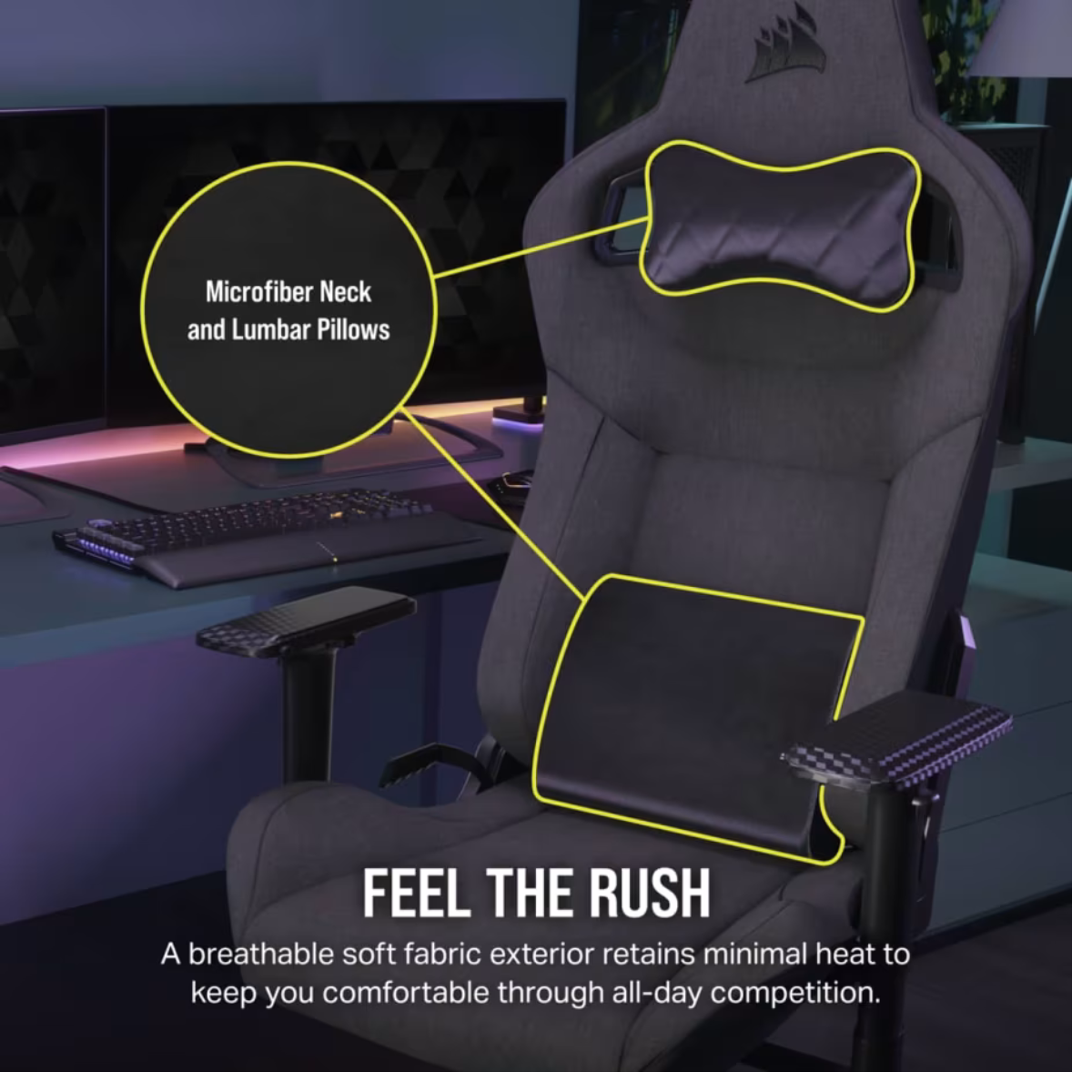CORSAIR T3 RUSH Gaming Chair - Ergonomic Esports Chair with Adjustable Lumbar Support & Headrest - Perfect for PC Gamers & Streamers