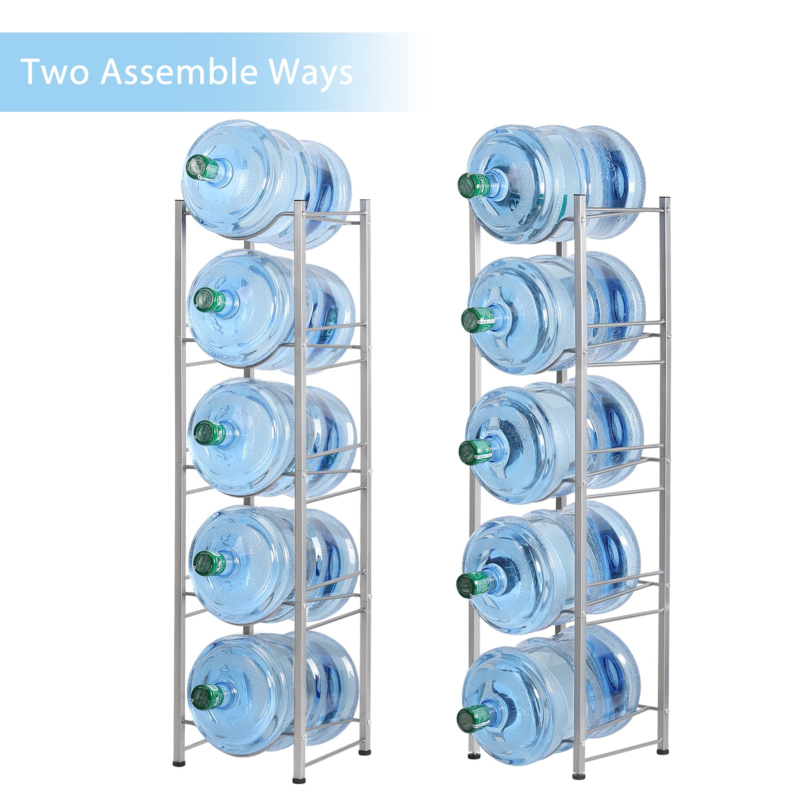 5-Tier 5 Gallon Water Jug Rack - Heavy Duty Water Bottle Storage Organizer for Kitchen, Office, Garage | Space Saving Solution for Home & Commercial Use (Silver)