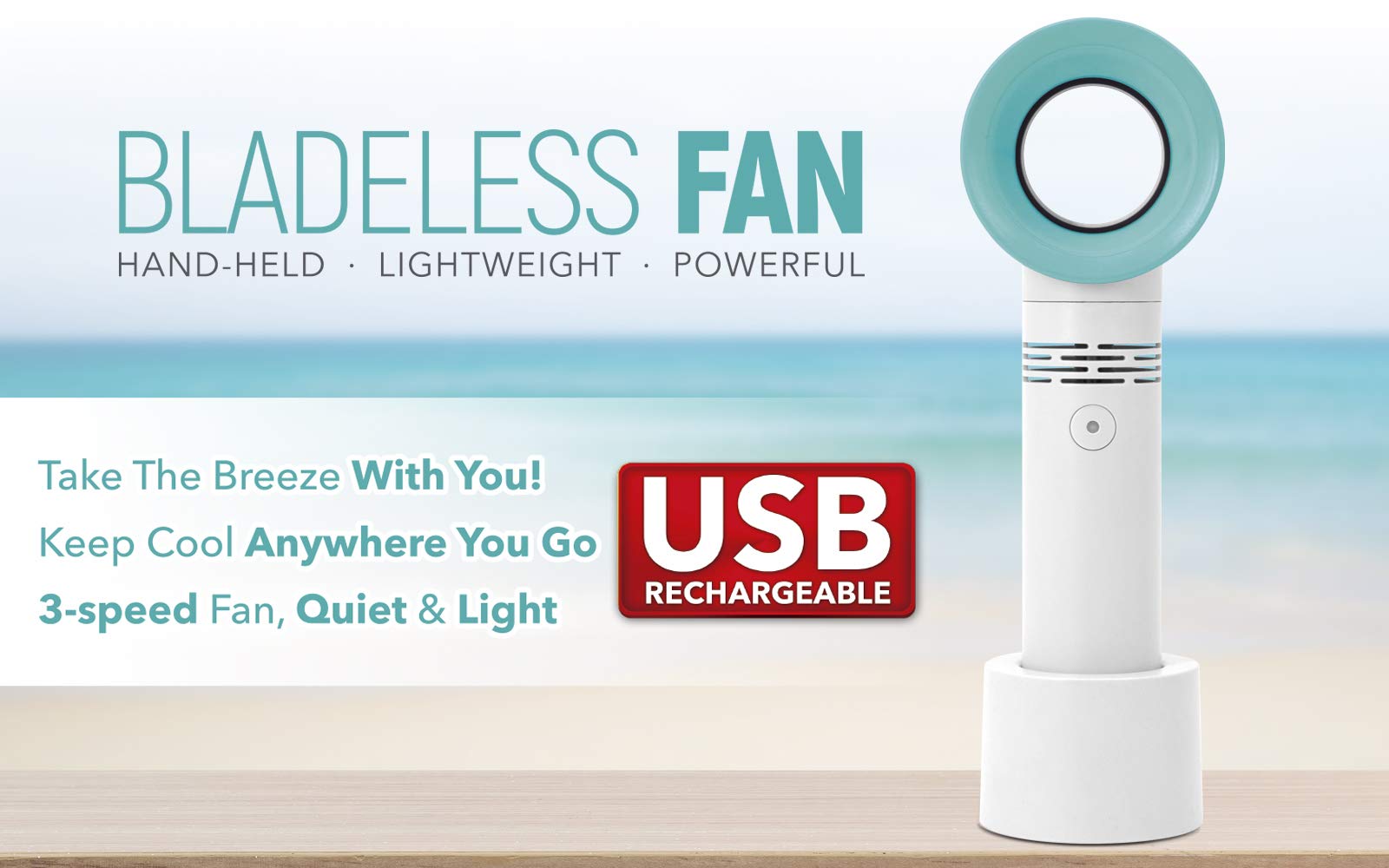 Rechargeable Bladeless Fan - 3 Speed Quiet Portable Desk Fan, Handheld Mini Fan for Home, Office, Travel | Summer Cooling Solution