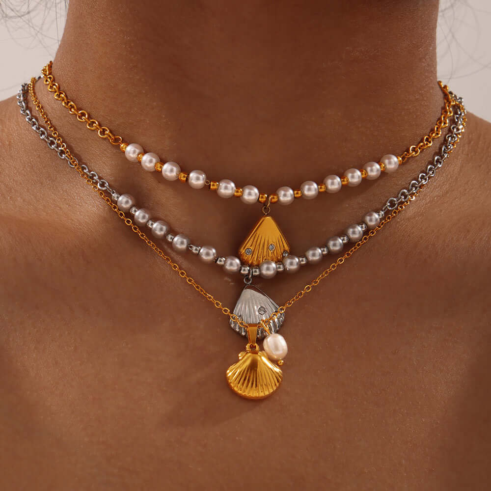 18K Gold Freshwater Pearl Seashell Pendant Earrings Set for Women - Elegant Dangle Drop Earrings for Wedding, Party & Evening Wear | MDT010
