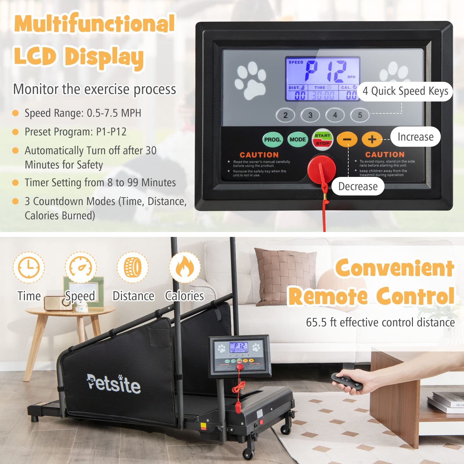 PETSITE Dog Treadmill for Small & Medium Dogs - Pet Exercise Running Machine with LCD Display, Supports Up to 220 lbs - Indoor Dog Fitness Equipment for Home Training & Weight Management