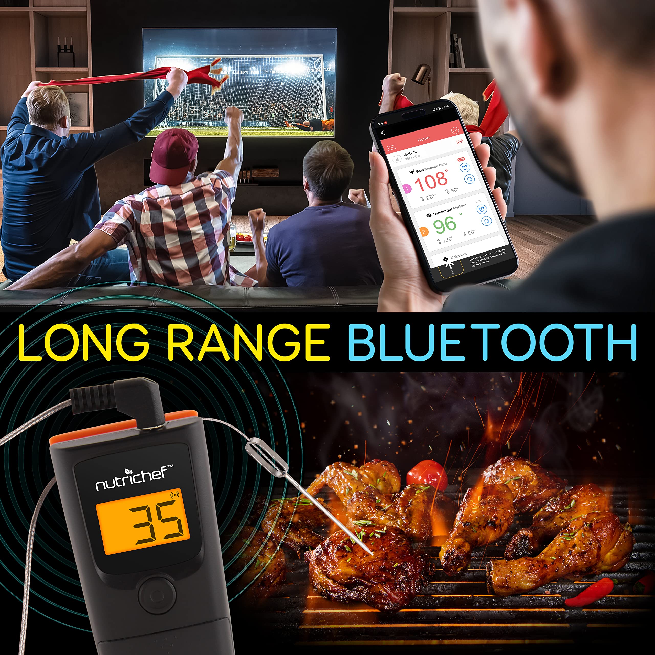 NutriChef Bluetooth Grill BBQ Meat Thermometer - Wireless Digital Cooking Thermometer with 150 ft Range, Timer & Alarm for Smoker, Oven, Kitchen - Perfect for Grilling, Smoking, Roasting & Baking