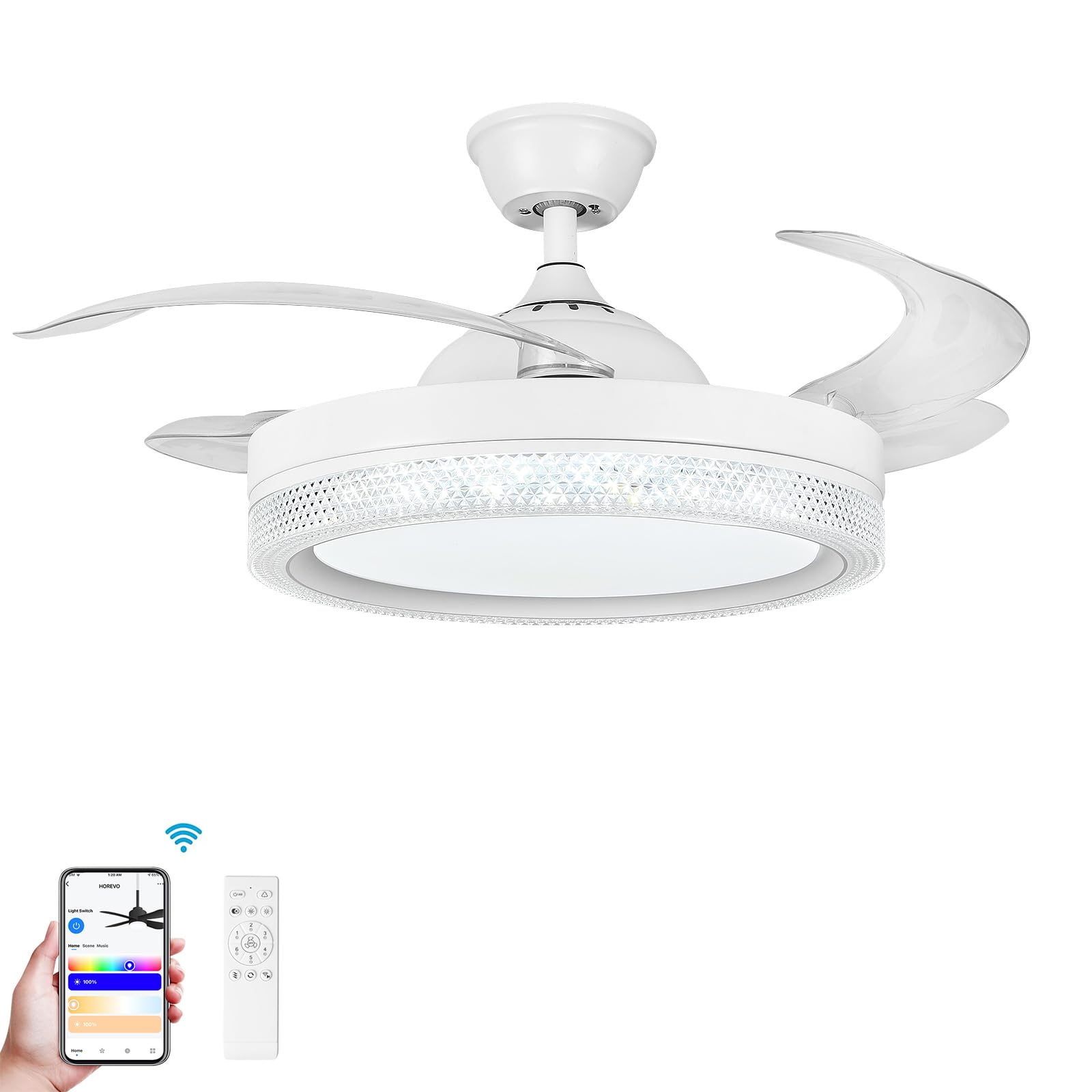 HOREVO 42 Inch Retractable Ceiling Fan with LED Lights, Bluetooth Speaker & Remote - Color Changing Dimmable Invisible Blade Chandelier Fan for Bedroom, Living Room & Outdoor Patio