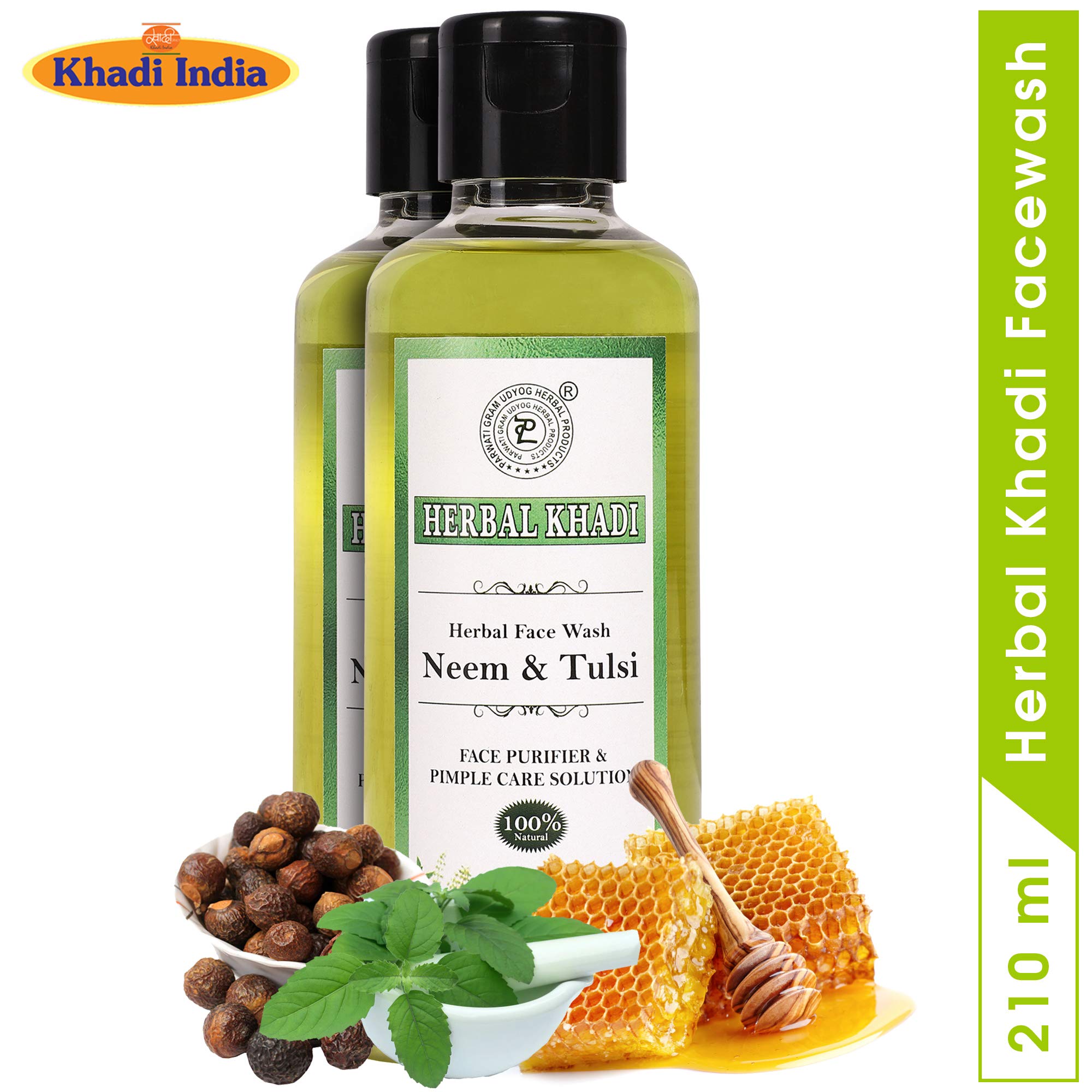 Khadi Herbal Neem Tulsi Face Wash - Ultra Skin Purification, Pimple Care & Antifungal Solution for Unclogging Pores (Pack of 2, 210ml) - Perfect for Daily Acne-Prone & Sensitive Skin Care Routine