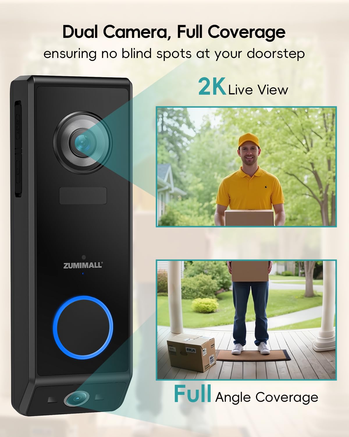 ZUMIMALL 2K HD Dual Lens Video Doorbell Camera with Wireless Chime - Solar & Battery Powered, No Monthly Fees, Wireless/Wired Installation, 2-Way Talk, IP65 Weatherproof, Cloud Storage, Alexa Compatible, PIR Motion Detection, AI Recognition, 2.4G WiFi - Perfect for Home Security & Smart Door Monitoring