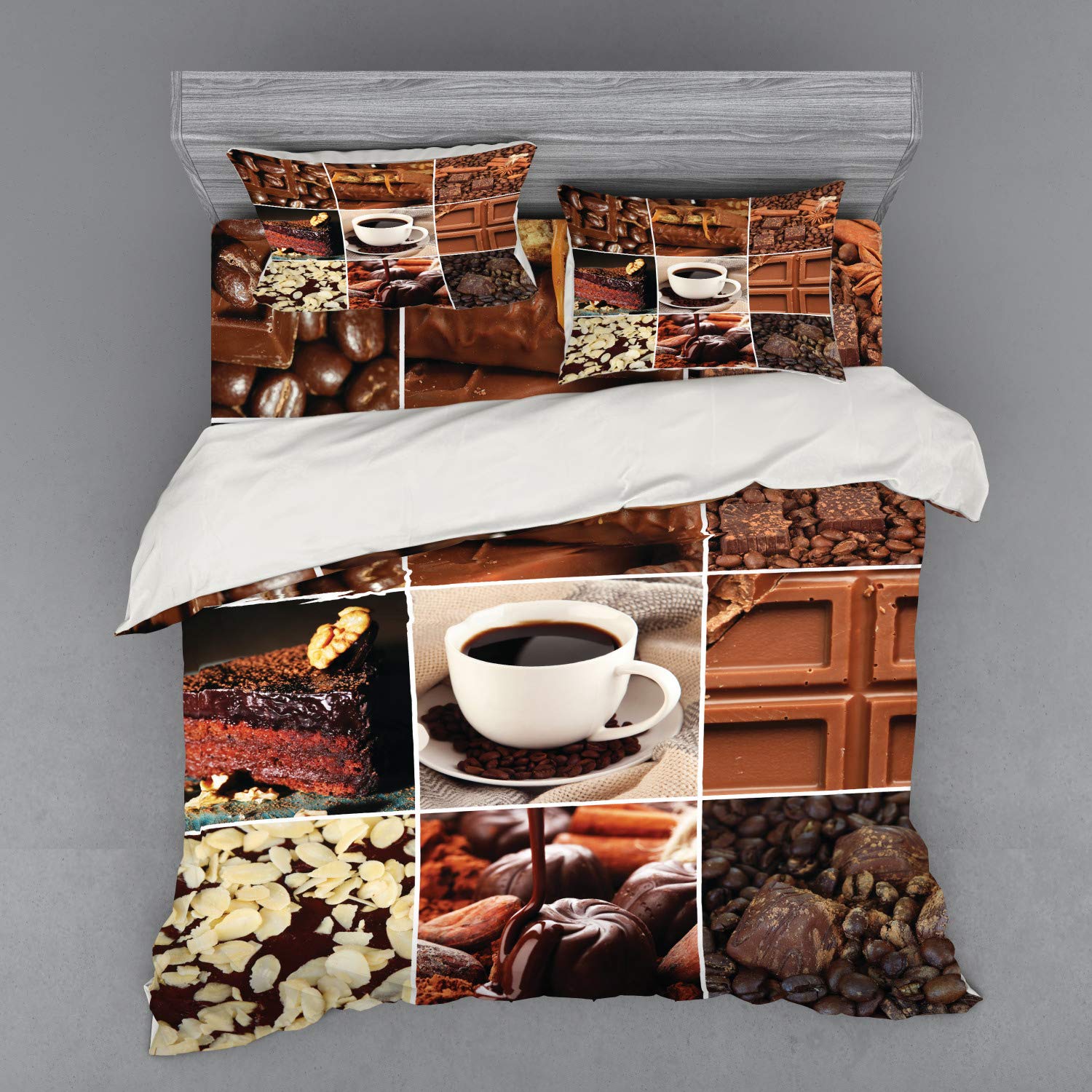 Ambesonne Brown Duvet Cover Set - King Size 4-Piece Bedding with Shams & Fitted Sheet | Coffee Chocolate Beans Mugs Pastries Espresso Cocoa Themed Design | Perfect for Bedroom Decor, Gift for Coffee Lovers & Home Styling