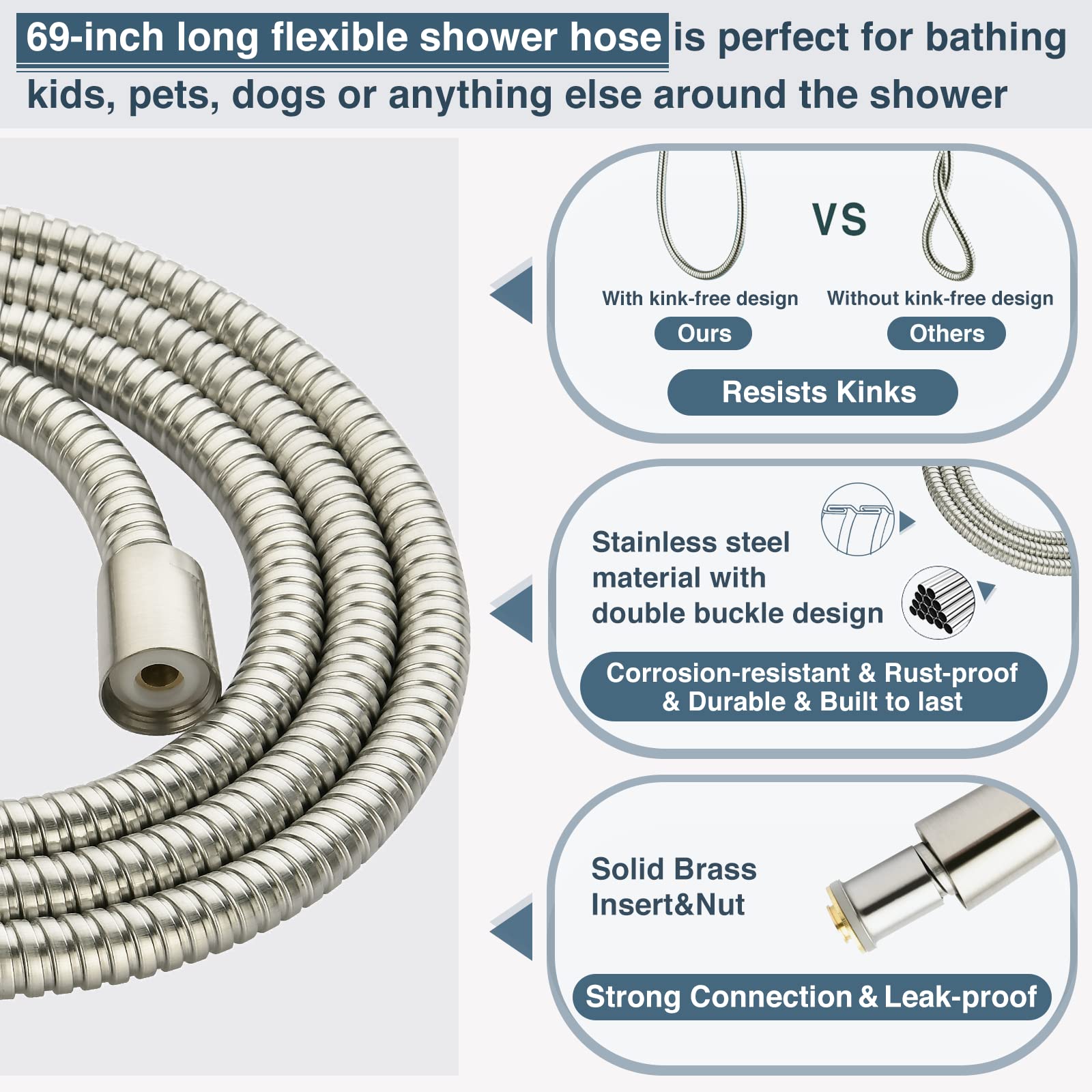 Stainless Steel Grab Bar with Slide Rail - Brushed Nickel Shower Safety Handle with Handheld Shower Head & 5ft Hose - Ideal for Elderly Bathroom Safety & Accessible Shower Installations