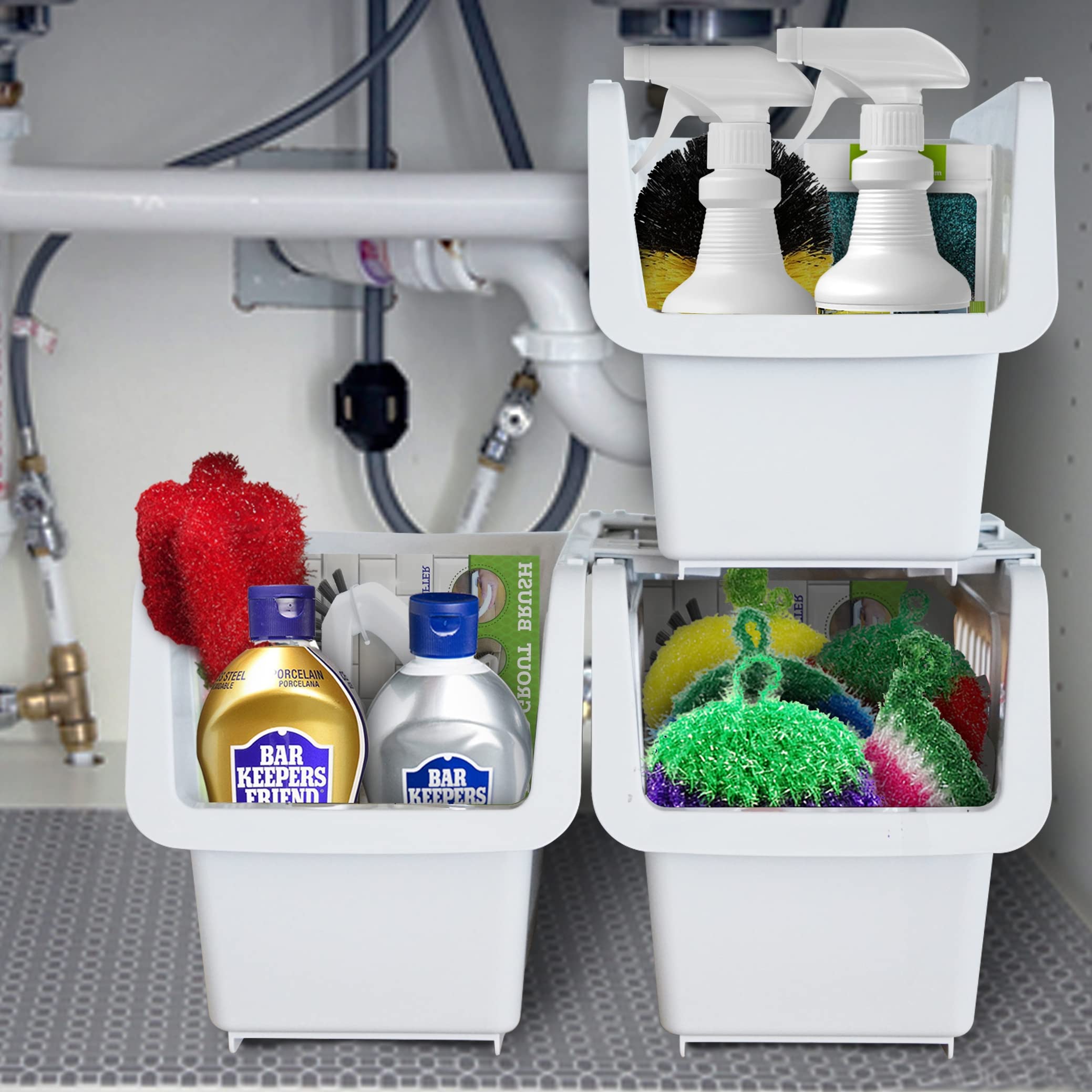 Under Sink Organizers and Storage Baskets - 3 Pack - Durable Stackable Sliding Shelf Bins for Kitchen, Bathroom & Pantry - Perfect for Organizing Cabinets, Toys, Cleaning Supplies & Household Items - Space Saving Home Organization Solution