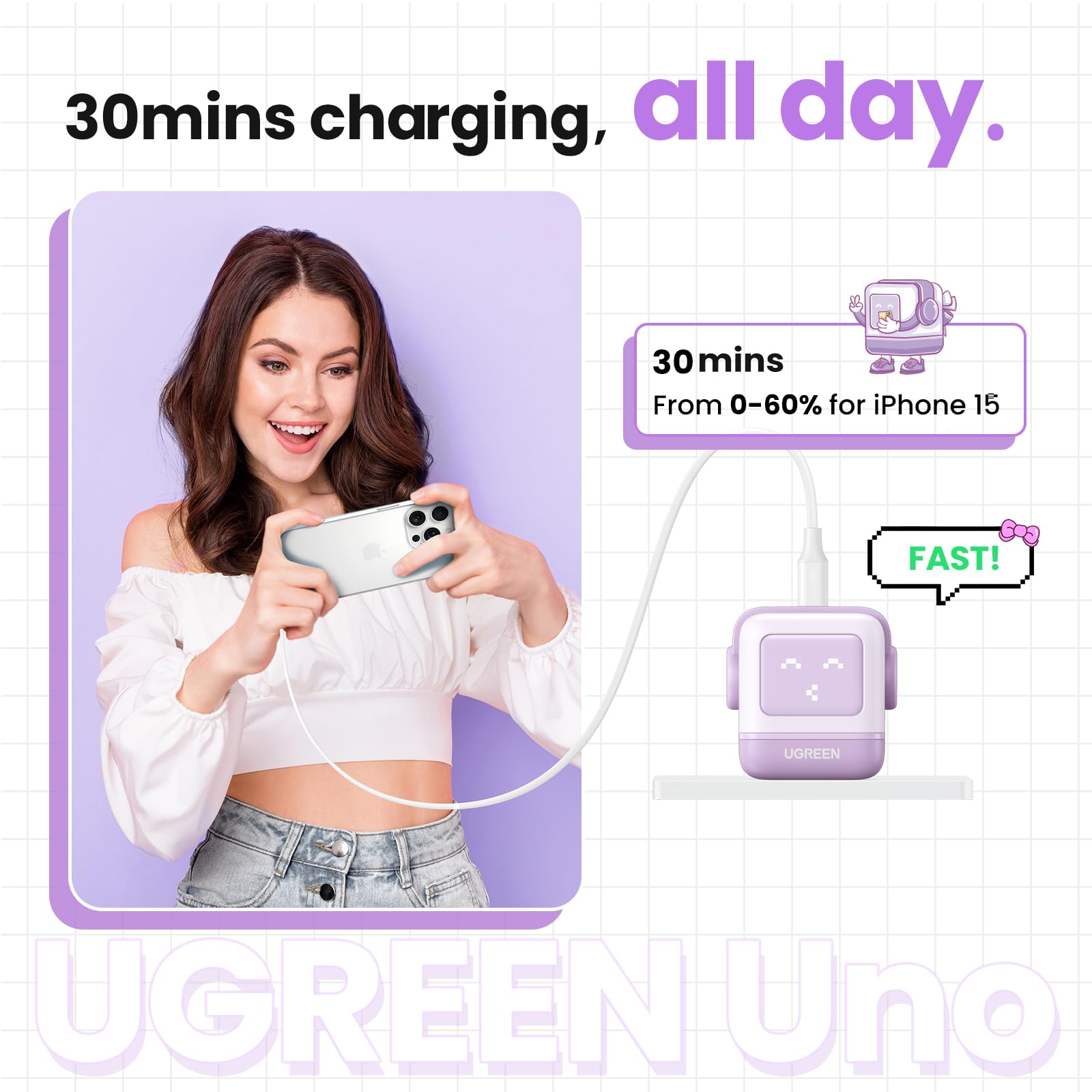 UGREEN Nexode 30W GaN Fast USB C Charger - Compact Wall Adapter for iPhone 15 Pro Max/14, Galaxy S24/S23, Pixel 8/7 Pro, MacBook Air, iPad Pro - Fast Charging Block for Home, Office & Travel (Purple)