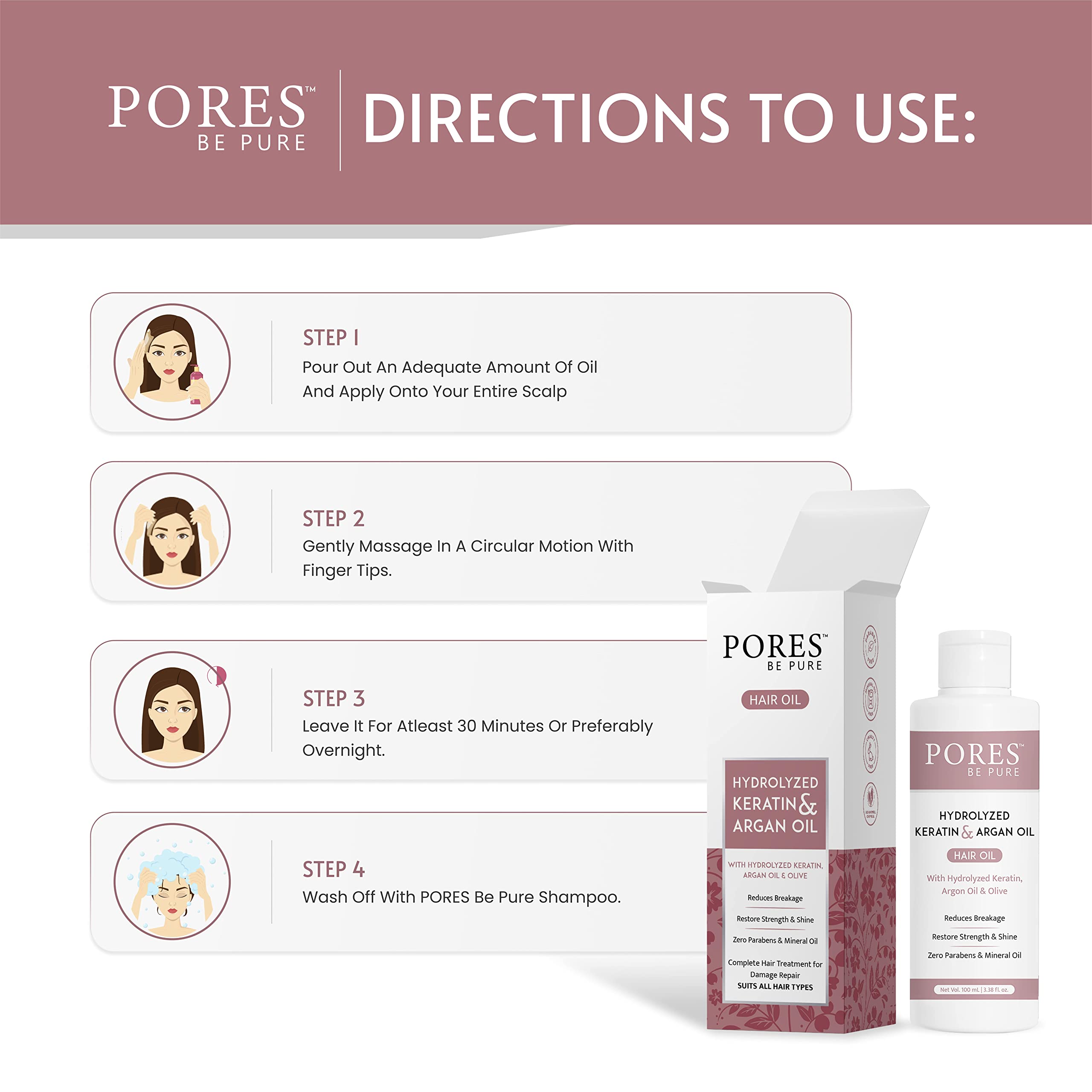 PORES Be Pure Hydrolyzed Keratin & Argan Hair Oil with Almond Oil - Smooth, Shiny, Strong Hair Treatment for Damaged Hair | Sulfate & Paraben Free | Men & Women | 100ml | Perfect for Daily Hair Care, Salon Treatments & Heat Styling Protection