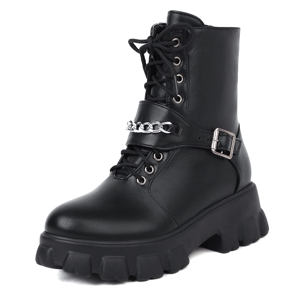 Furcross Women's Punk Goth Platform Ankle Boots - Black Zipper Combat Boots for Motorcycle, Outdoor & Streetwear Fashion