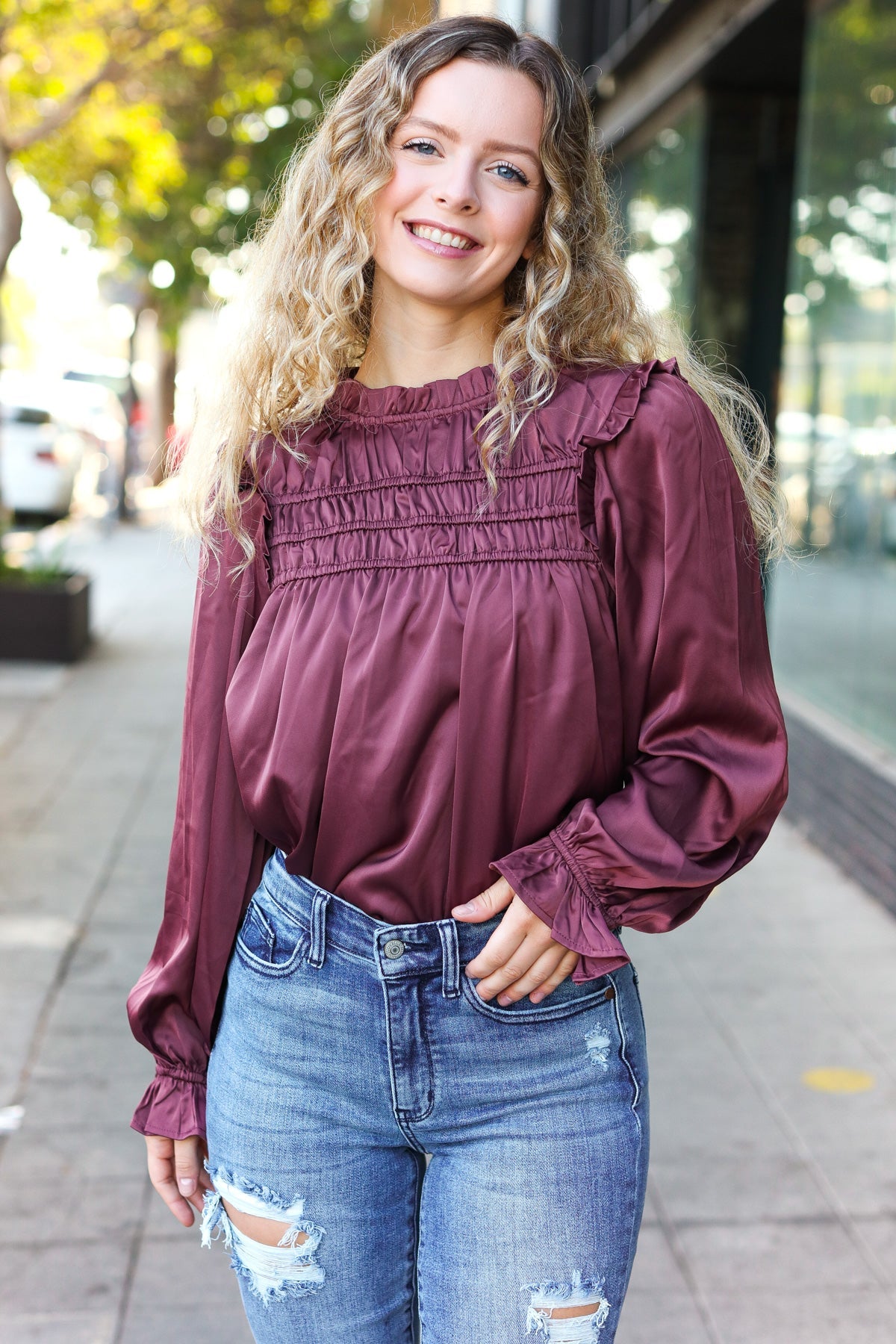 Stylish Wine Satin Shirred Yoke Frilled Mock Neck Top for Women | Elegant Blouse for Date Night, Parties & Special Occasions