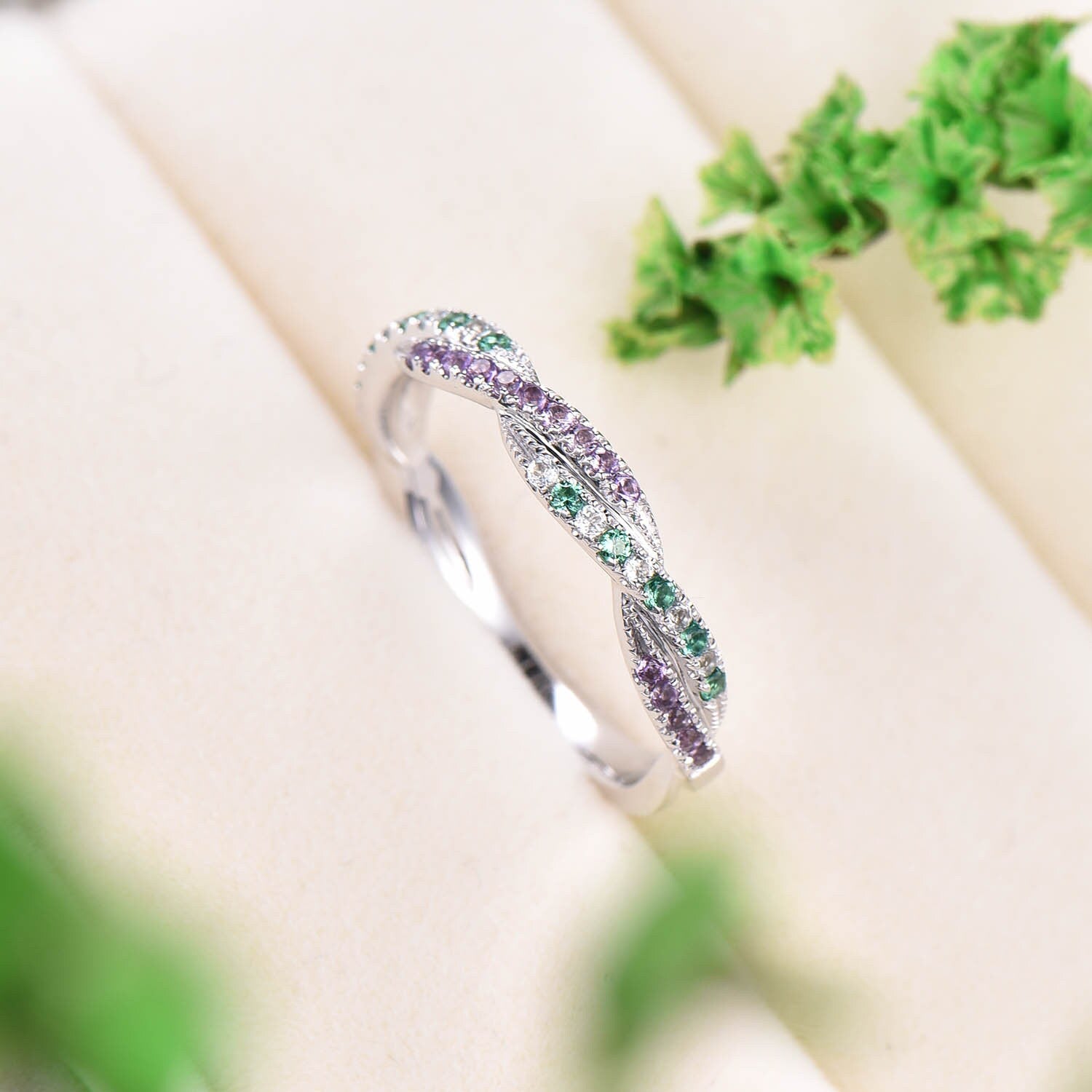 Natural Emerald Wedding Ring | 14K White Gold Amethyst & Aquamarine Half Eternity Stacking Band | Custom Matching Bridal Jewelry Set | Perfect for Engagement, Anniversary & Gift Giving