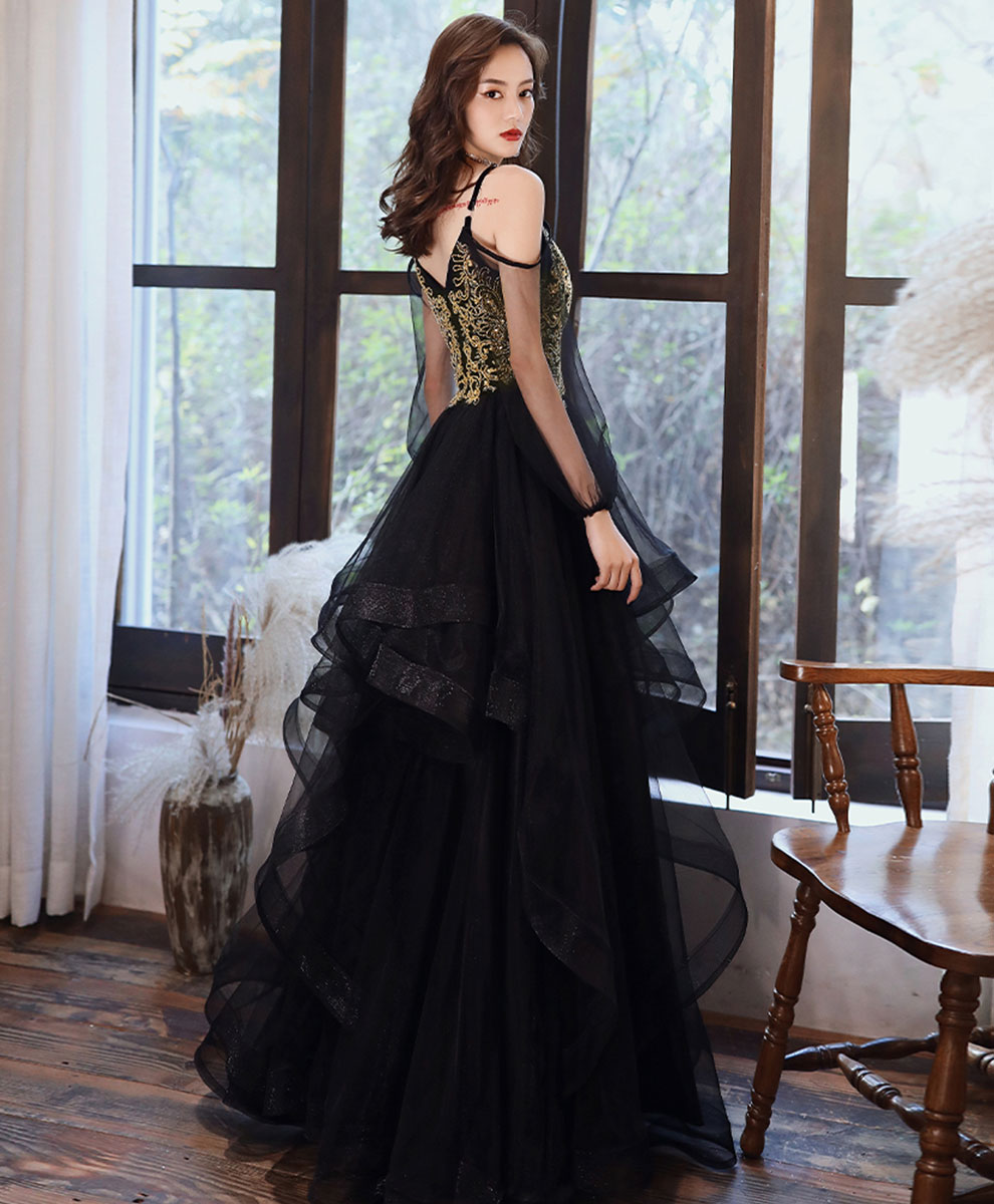 Elegant Black Tulle Lace Long Prom Dress with Floral Appliques - Formal Evening Gown for Homecoming, Ball, Wedding & Special Occasions