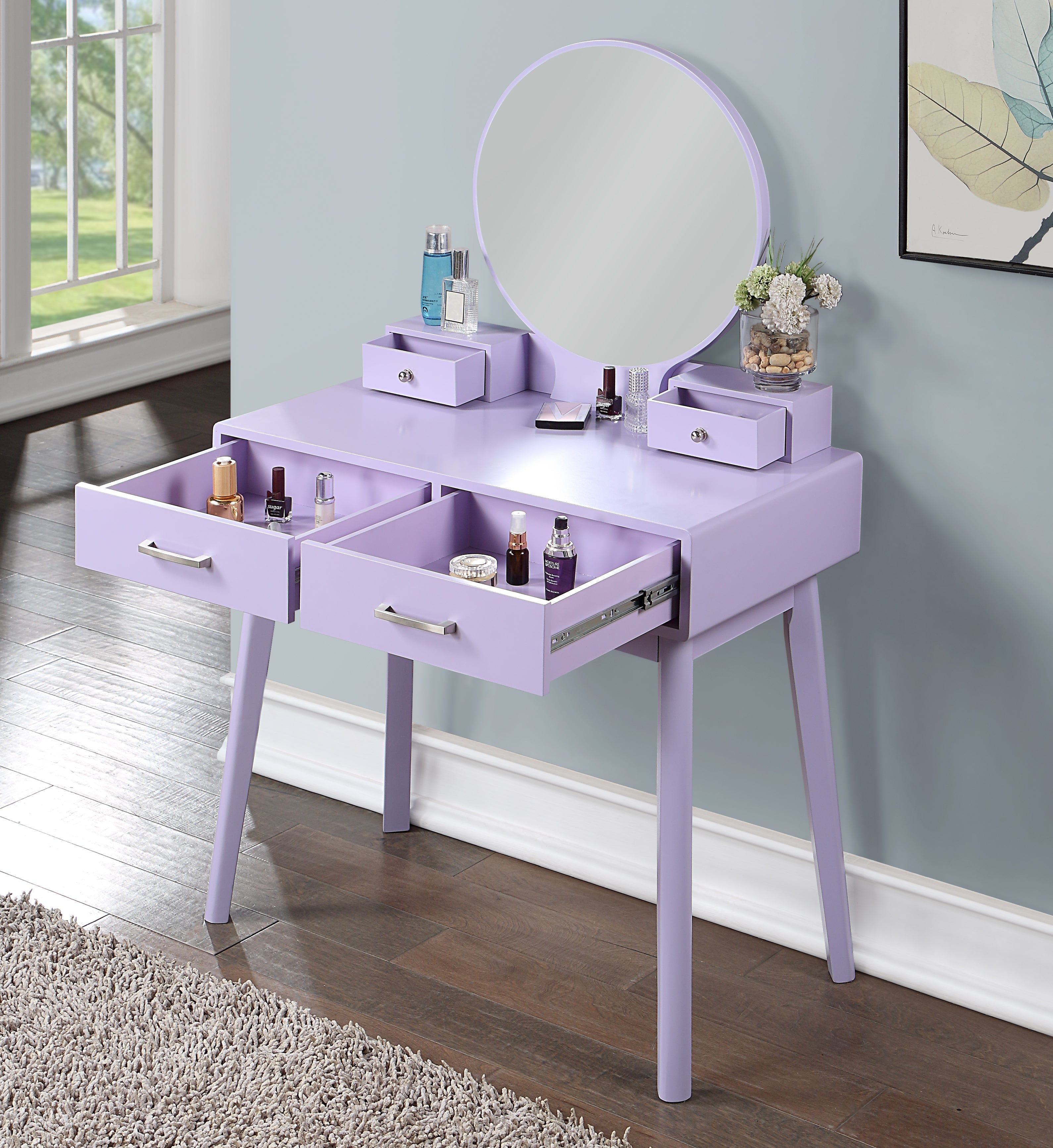 Roundhill Furniture Liannon Contemporary Wood Vanity Set with Stool - Modern Bathroom Vanity with Storage for Makeup & Jewelry Organization - Perfect for Bedroom, Bathroom or Dressing Room