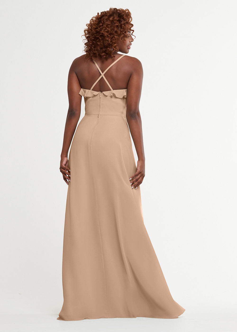 Elegant 80174 Chiffon A-Line Bridesmaid Dress with Ruffles & High Slit - Perfect for Weddings, Formal Events & Special Occasions