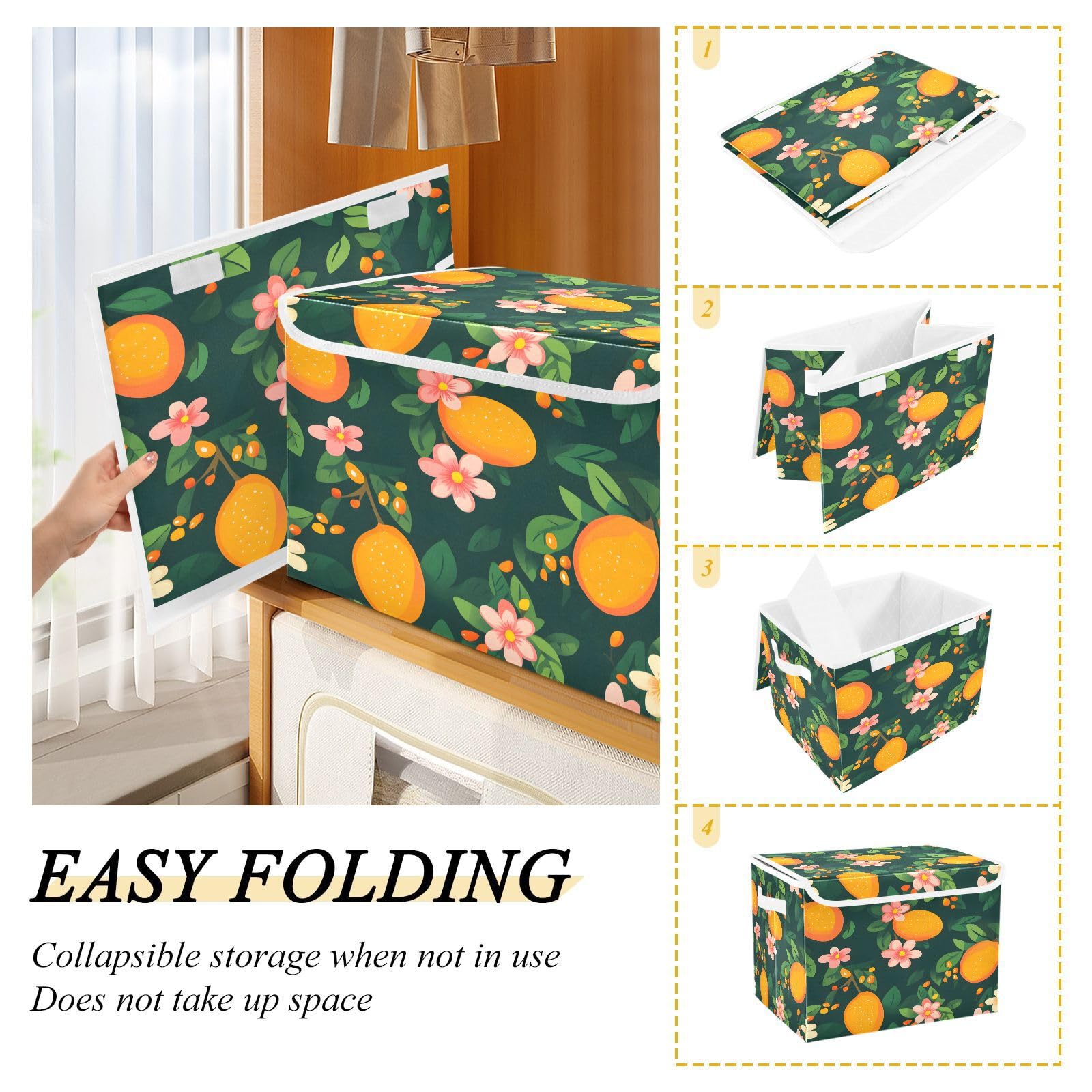 Mango Flower Leaf Pattern Foldable Fabric Storage Bins with Lids - Collapsible Organizer Box for Home, Bedroom, Closet & Office - Perfect for Clothes, Toys, Blankets & Seasonal Storage