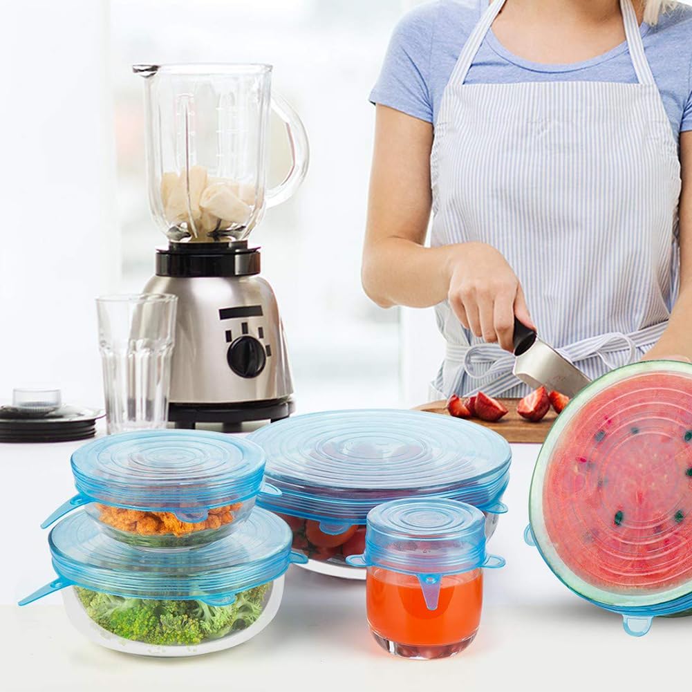 Stretchable Silicone Food Covers - Reusable Bowl Lids Set of 6 (Multiple Sizes) for Round, Square & Rectangular Containers | Perfect for Meal Prep, Leftovers Storage & Microwave Use