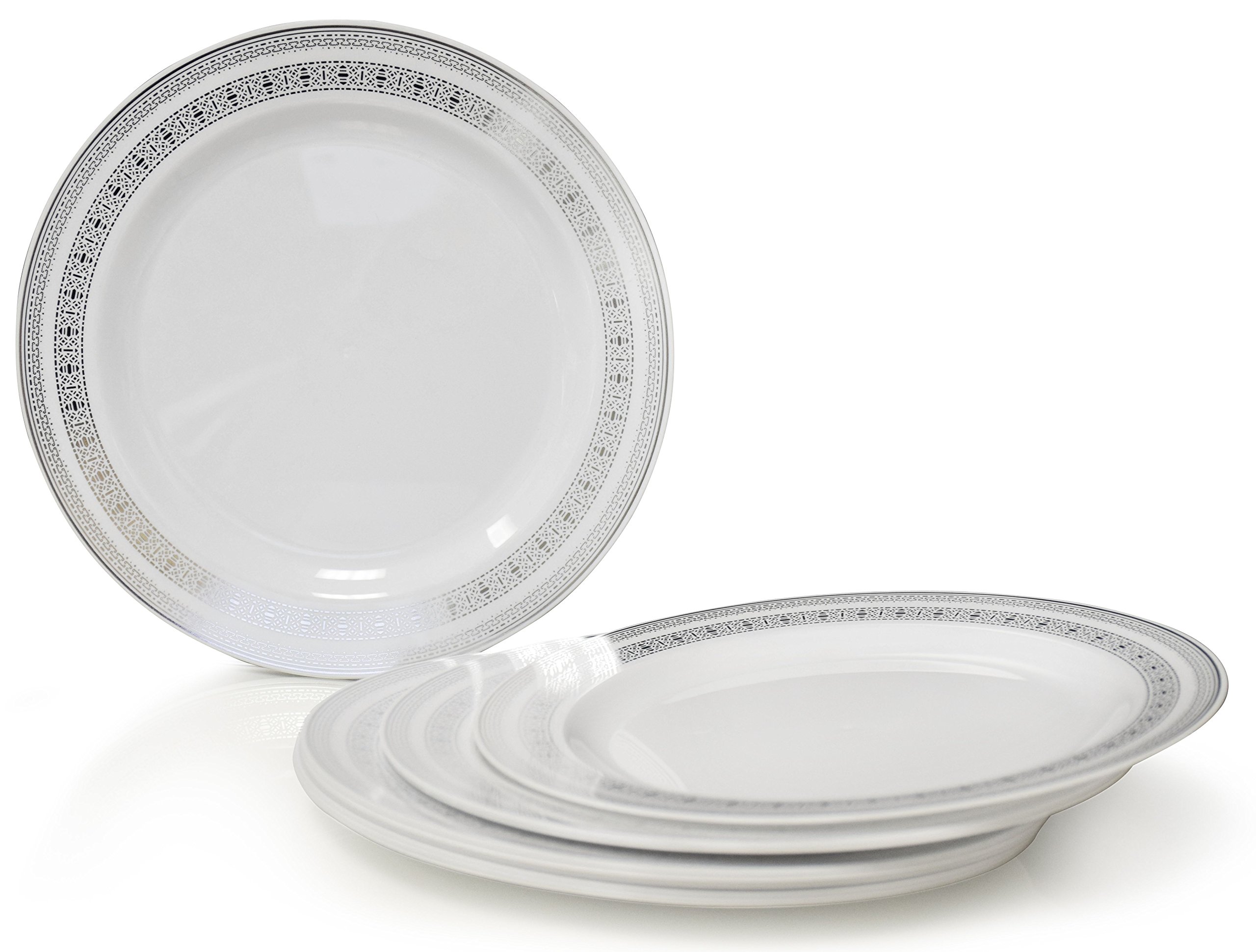 240-Pack Heavyweight Disposable Plastic Plates for Weddings & Parties - 10.5'' Elegant White & Silver Lace Dinner Plates - Perfect for Bridal Showers, Birthday Celebrations & Formal Events
