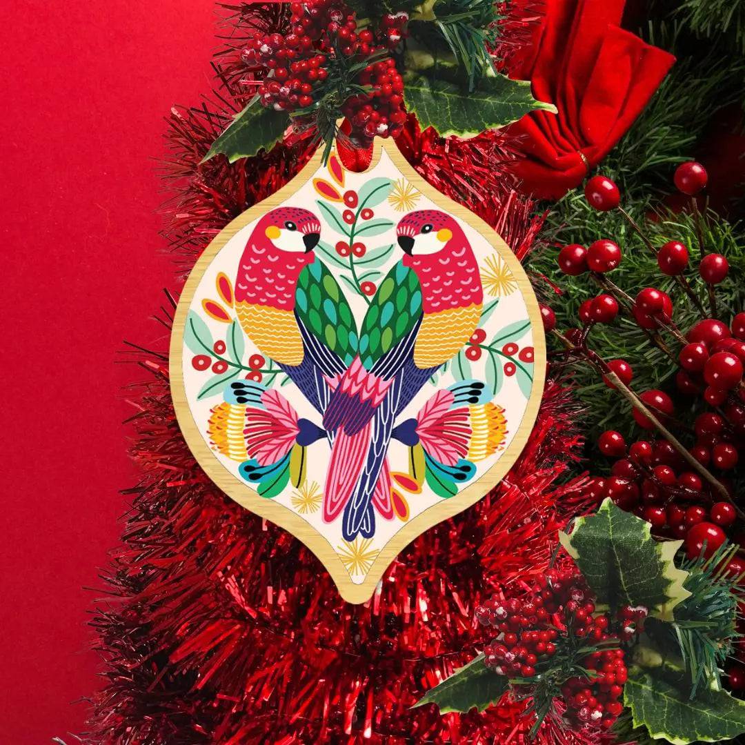 Rosella Birds Christmas Card & Wooden Ornament - Festive Holiday Greeting Card with Handcrafted Wooden Bauble for Tree Decorations and Gift Giving