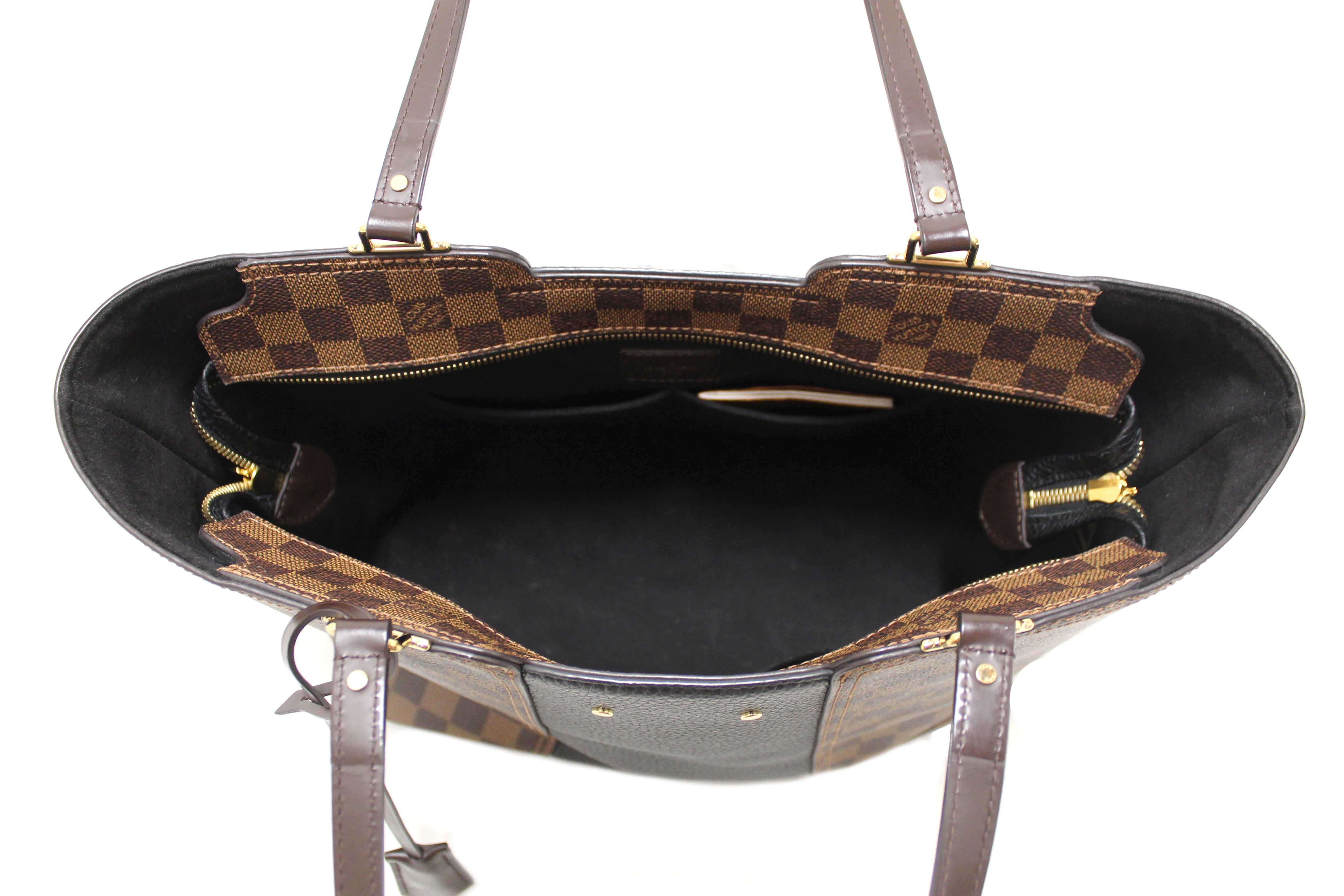 Authentic Louis Vuitton Damier Ebene Canvas Tote Bag with Black Leather Trim - Luxury Designer Handbag for Women, Perfect for Work, Travel & Everyday Use