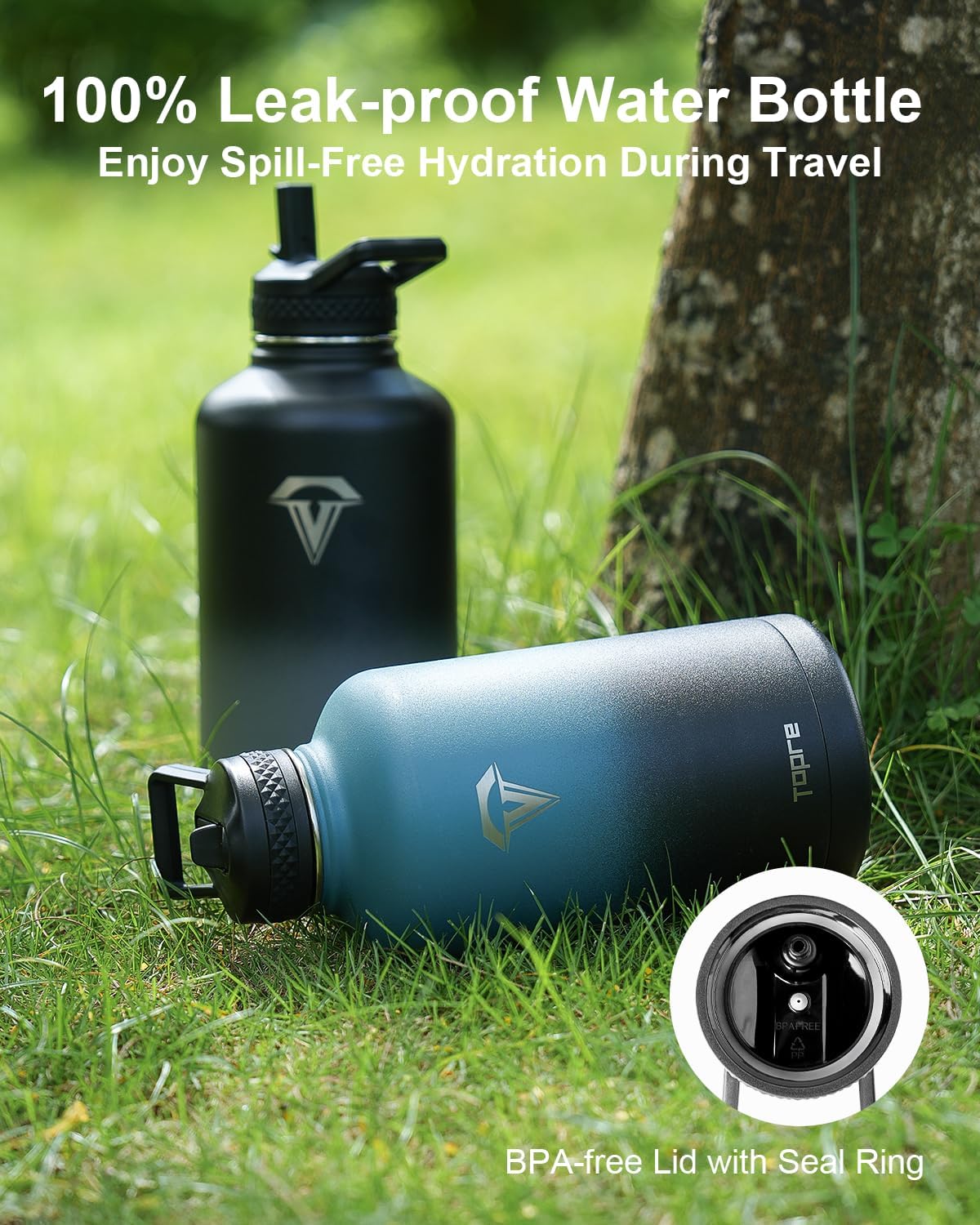 **Half Gallon Vacuum Insulated Stainless Steel Water Bottle - 64oz BPA-Free Sports Jug with 3 Lids, Triple-Walled Leakproof Canteen for Outdoor, Camping, Hiking, Gym & Work**