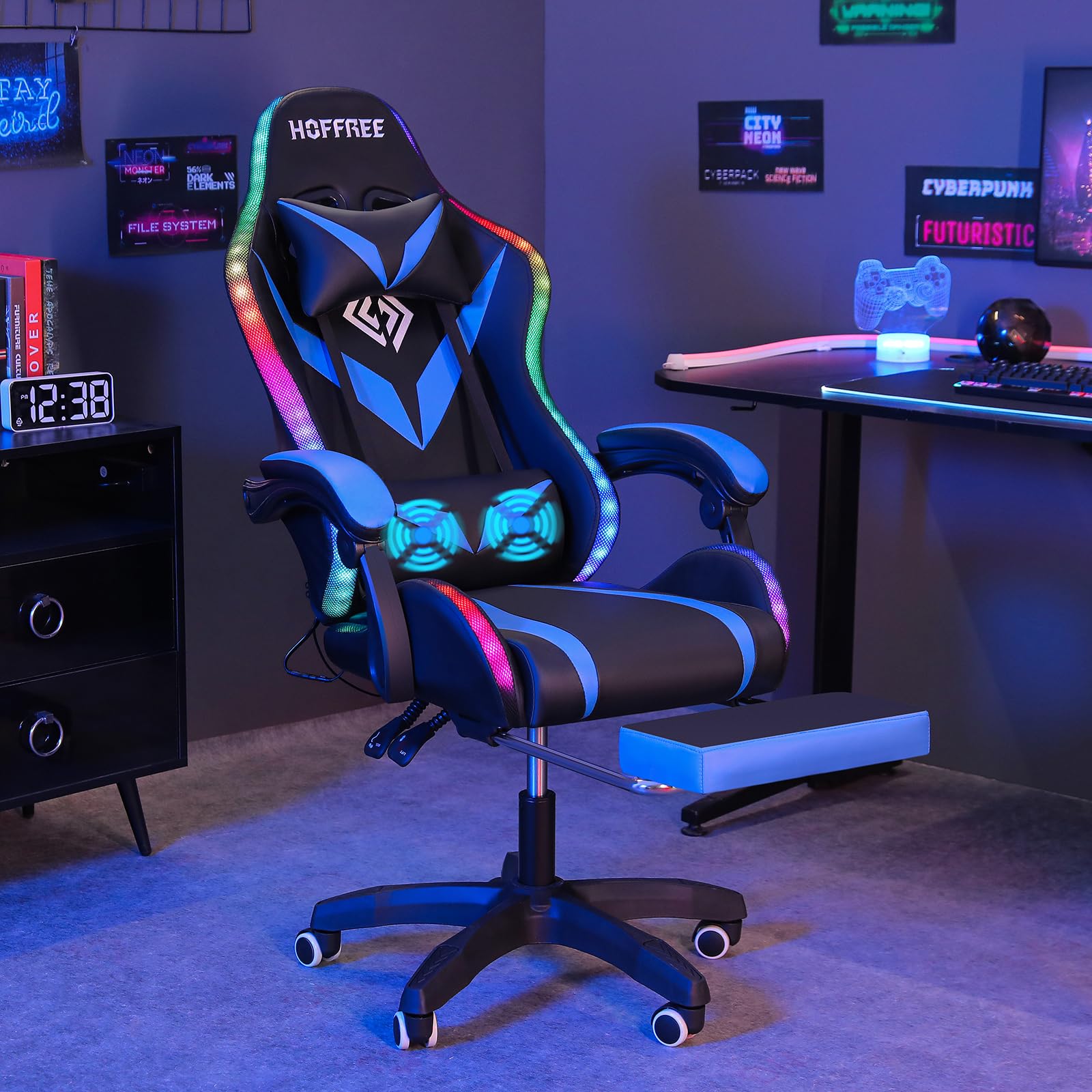 Ergonomic Gaming Chair with LED Lights, Footrest & Massage - High Back Reclining Computer Chair with Adjustable Lumbar Support (Blue & Black) - Perfect for Esports, Streaming & Home Office Setup