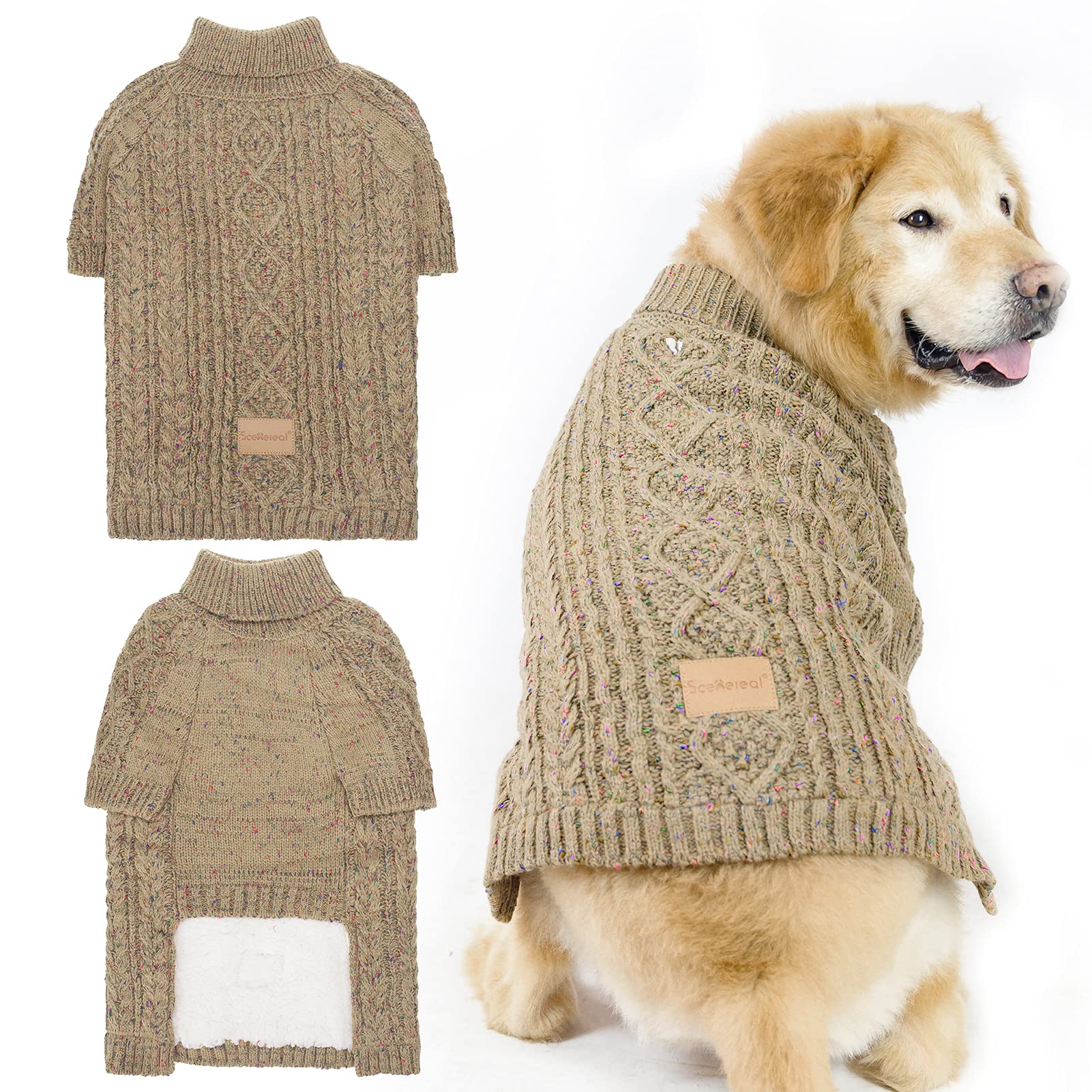 SCENEREAL Cable Knit Turtleneck Dog Sweater with Leash Hole - Warm Winter Coat for Medium & Large Dogs - Cozy Fall & Winter Apparel for Outdoor Walks & Indoor Comfort